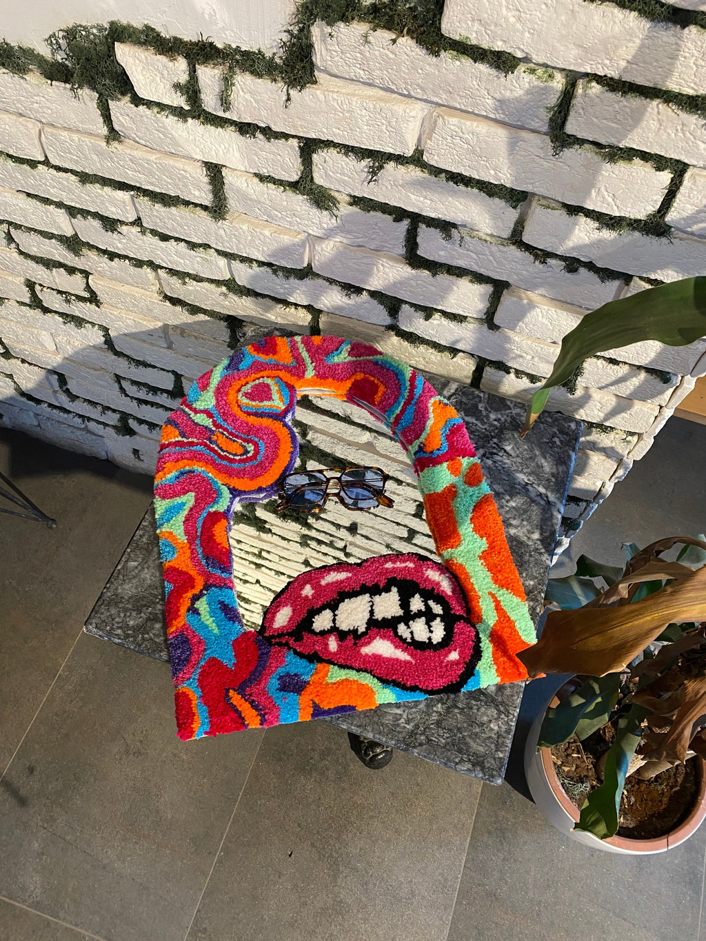 OrnnWorks Lips & Chaotic Rainbow Fluid Fluffy Mirror Rug Handmade