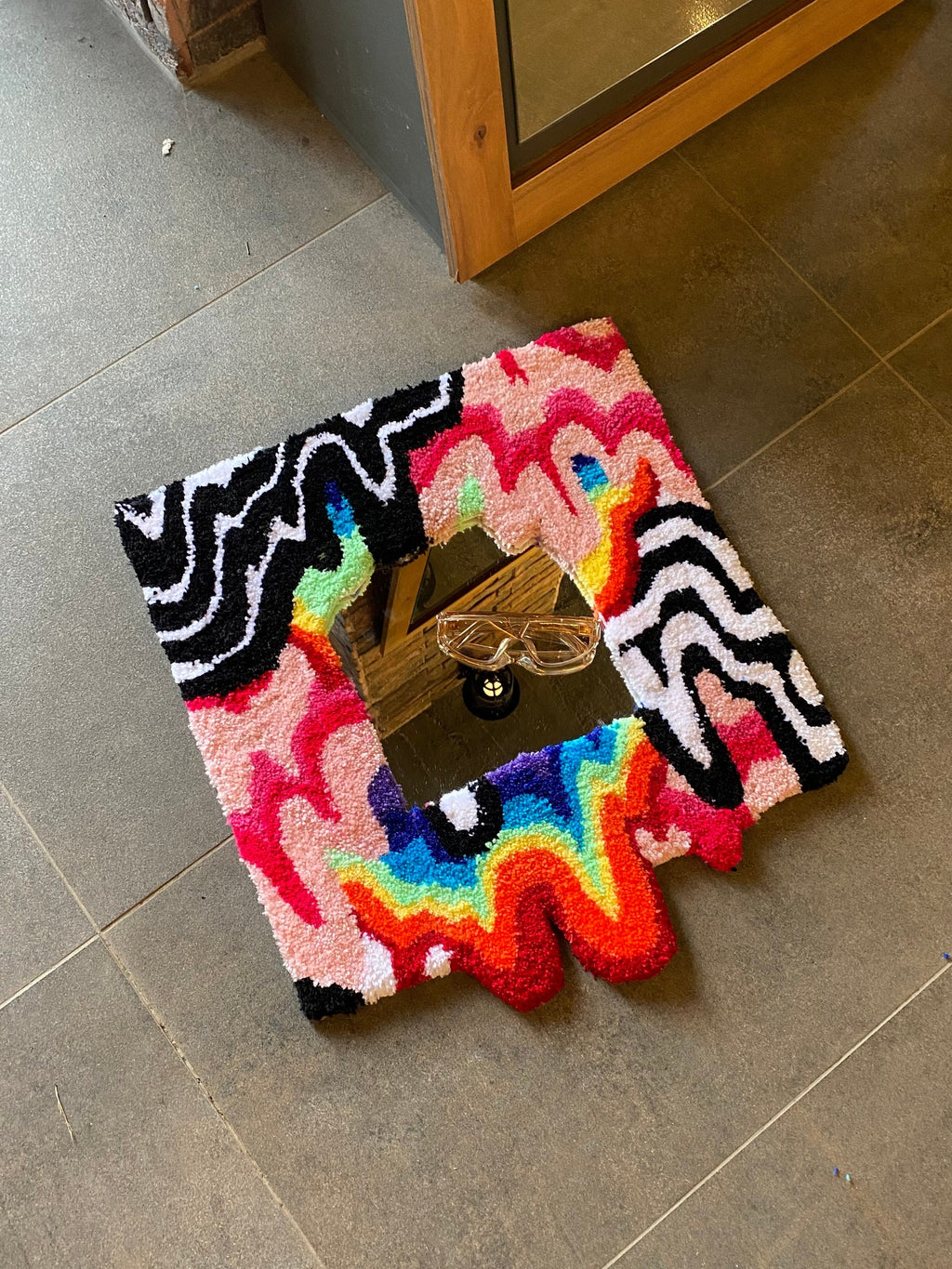 OrnnWorks Rainbow Chaotic LSD Fluid Mushroom Handmade Fluffy Mirror Rug 19.7in