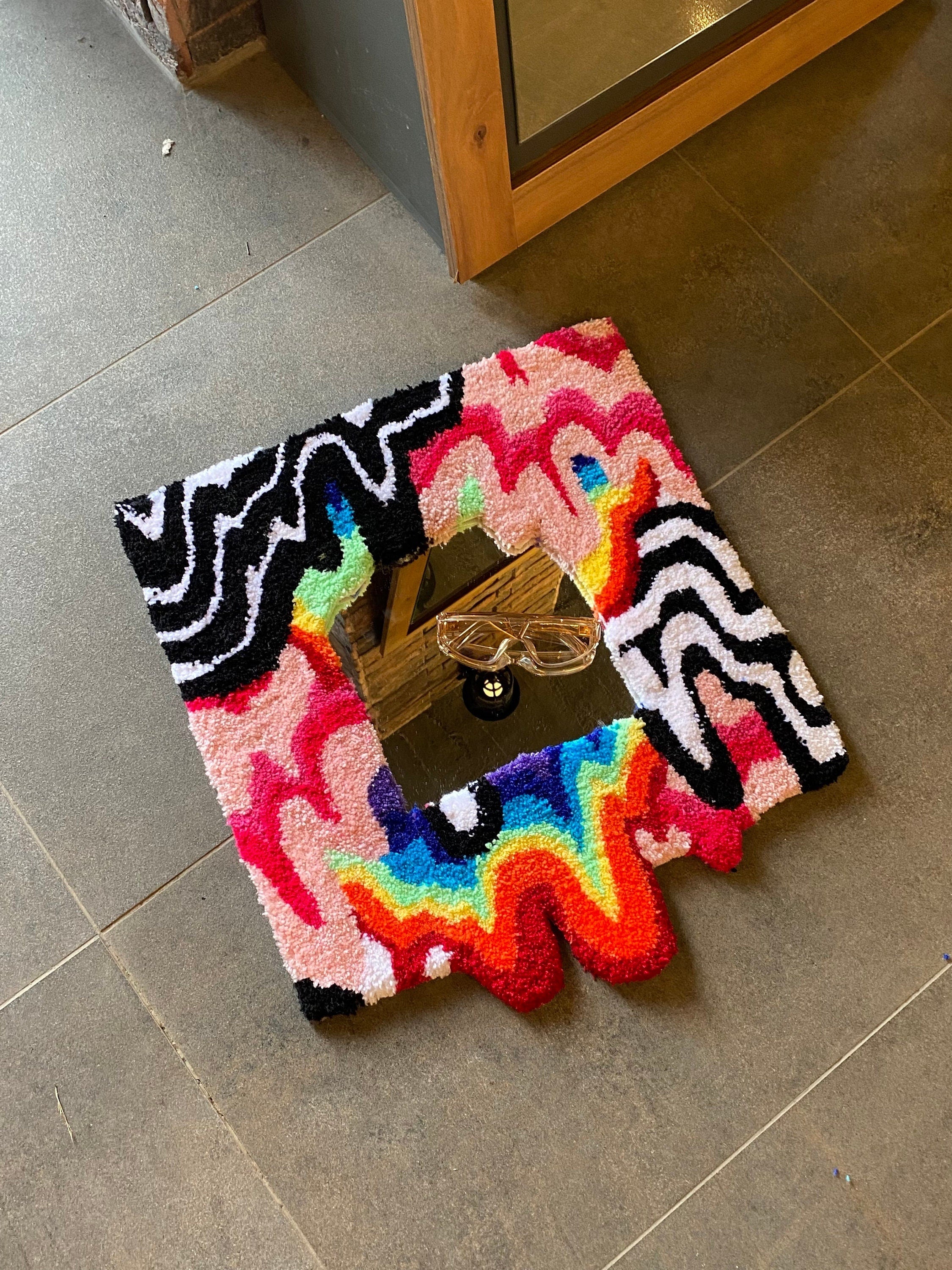 OrnnWorks Rainbow Chaotic LSD Fluid Mushroom Handmade Fluffy Mirror Rug 19.7in