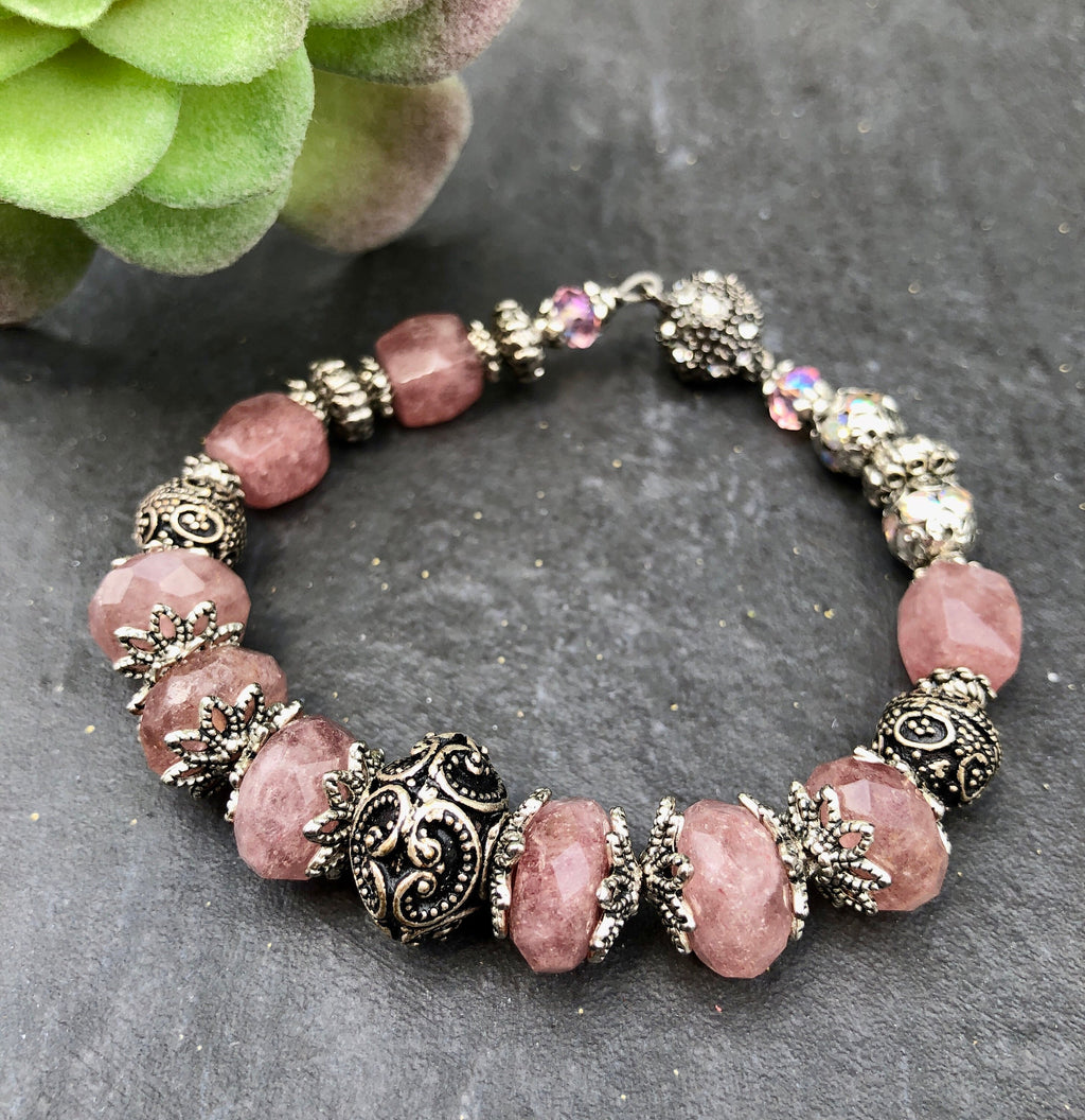 MossberryandStone Strawberry Quartz Antique Silver Beaded Bracelet Magnetic Clasp