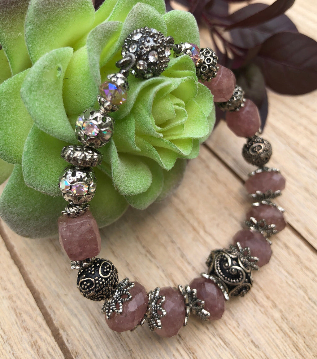 MossberryandStone Strawberry Quartz Antique Silver Beaded Bracelet Magnetic Clasp