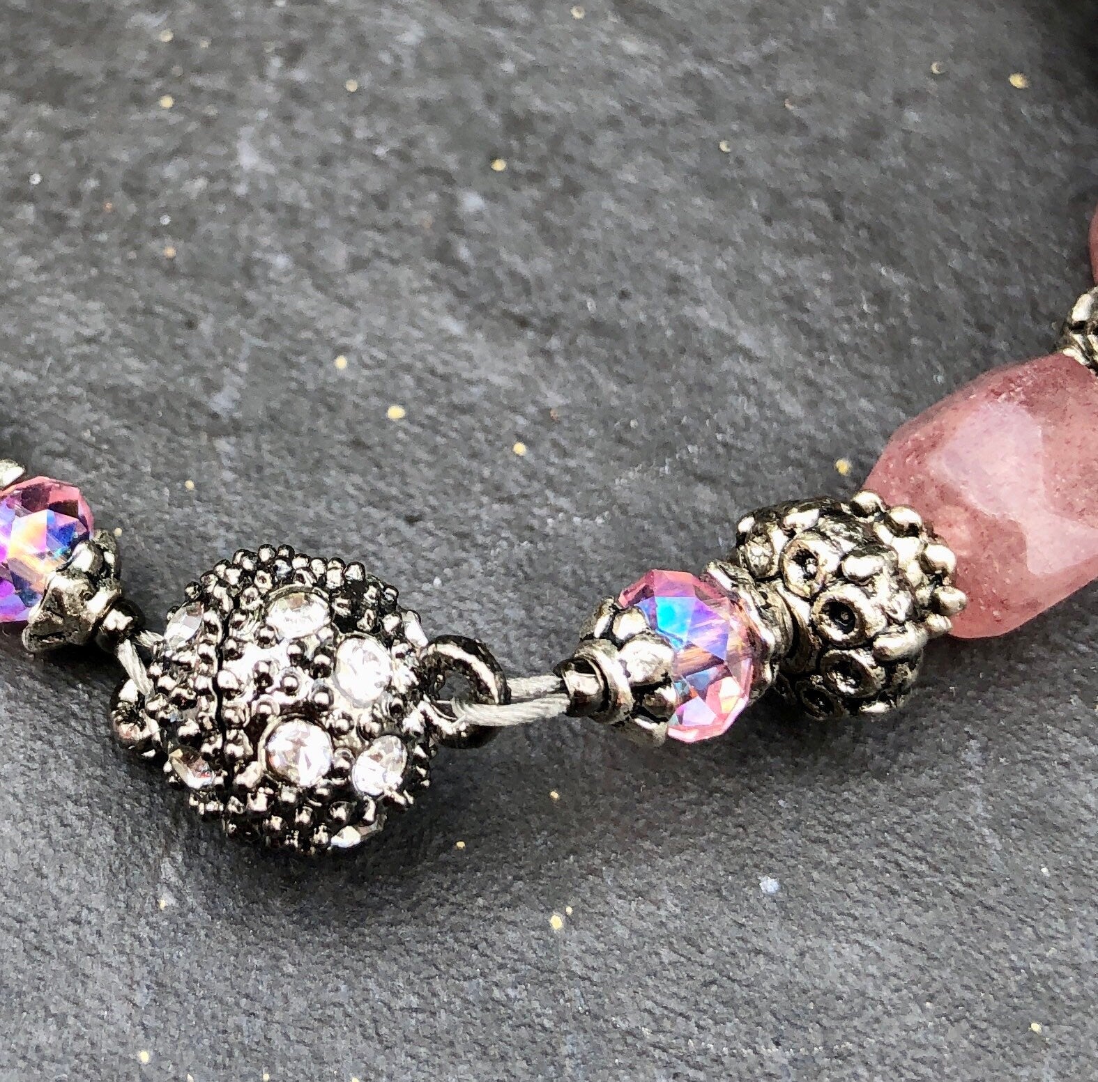 MossberryandStone Strawberry Quartz Antique Silver Beaded Bracelet Magnetic Clasp