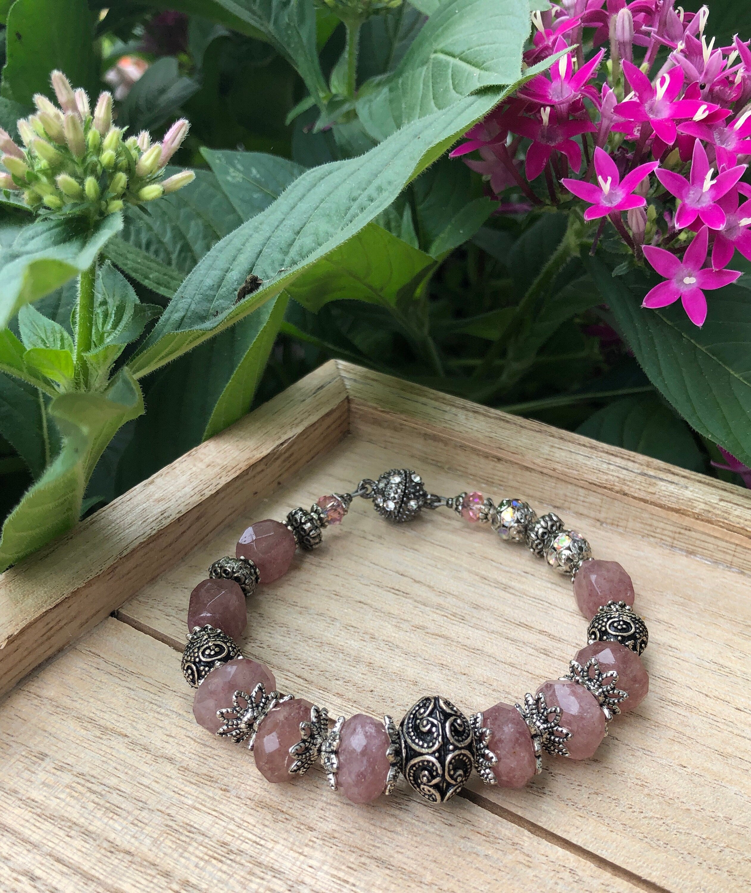 MossberryandStone Strawberry Quartz Antique Silver Beaded Bracelet Magnetic Clasp