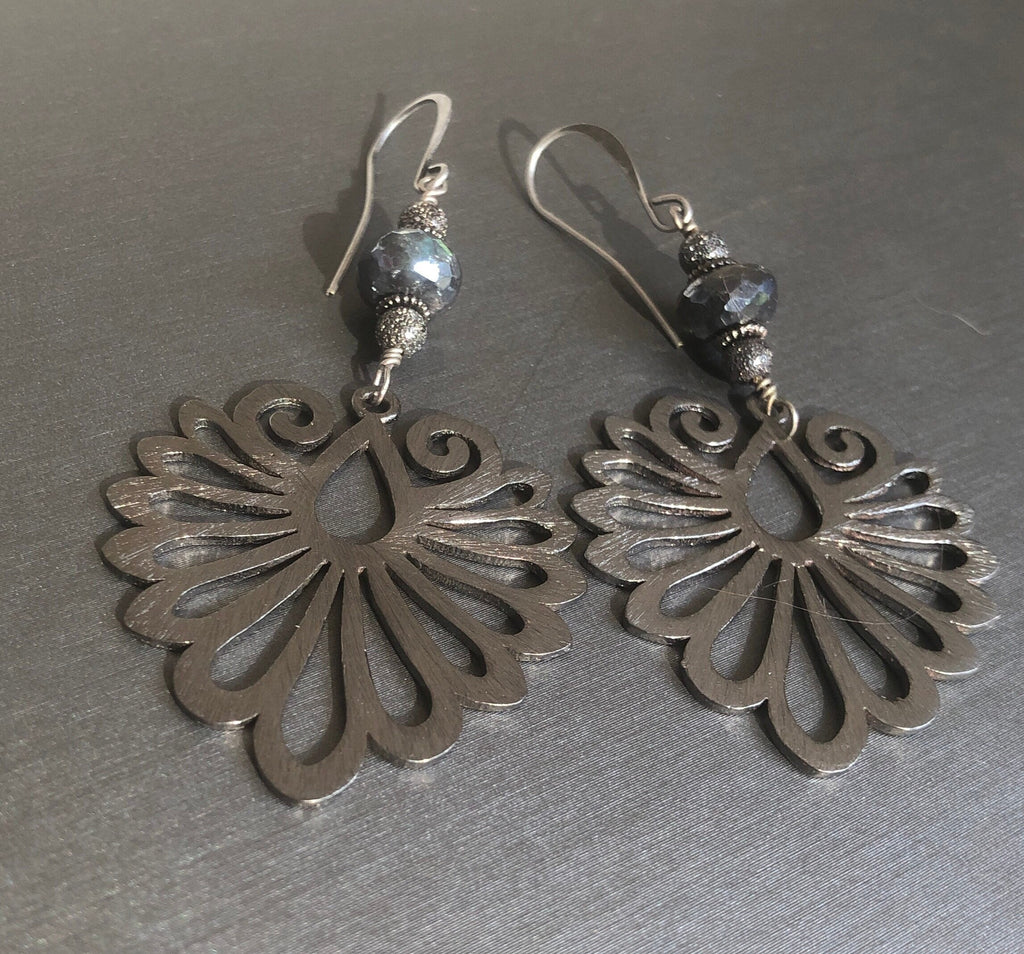 MossberryandStone Gunmetal Labradorite Phoenix Wing Dangle Earrings