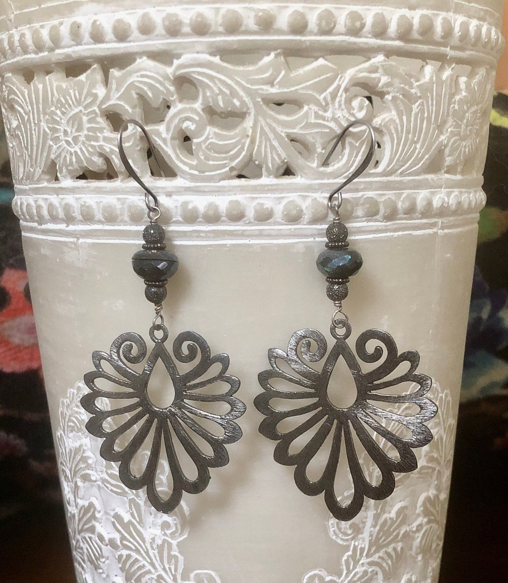 MossberryandStone Gunmetal Labradorite Phoenix Wing Dangle Earrings