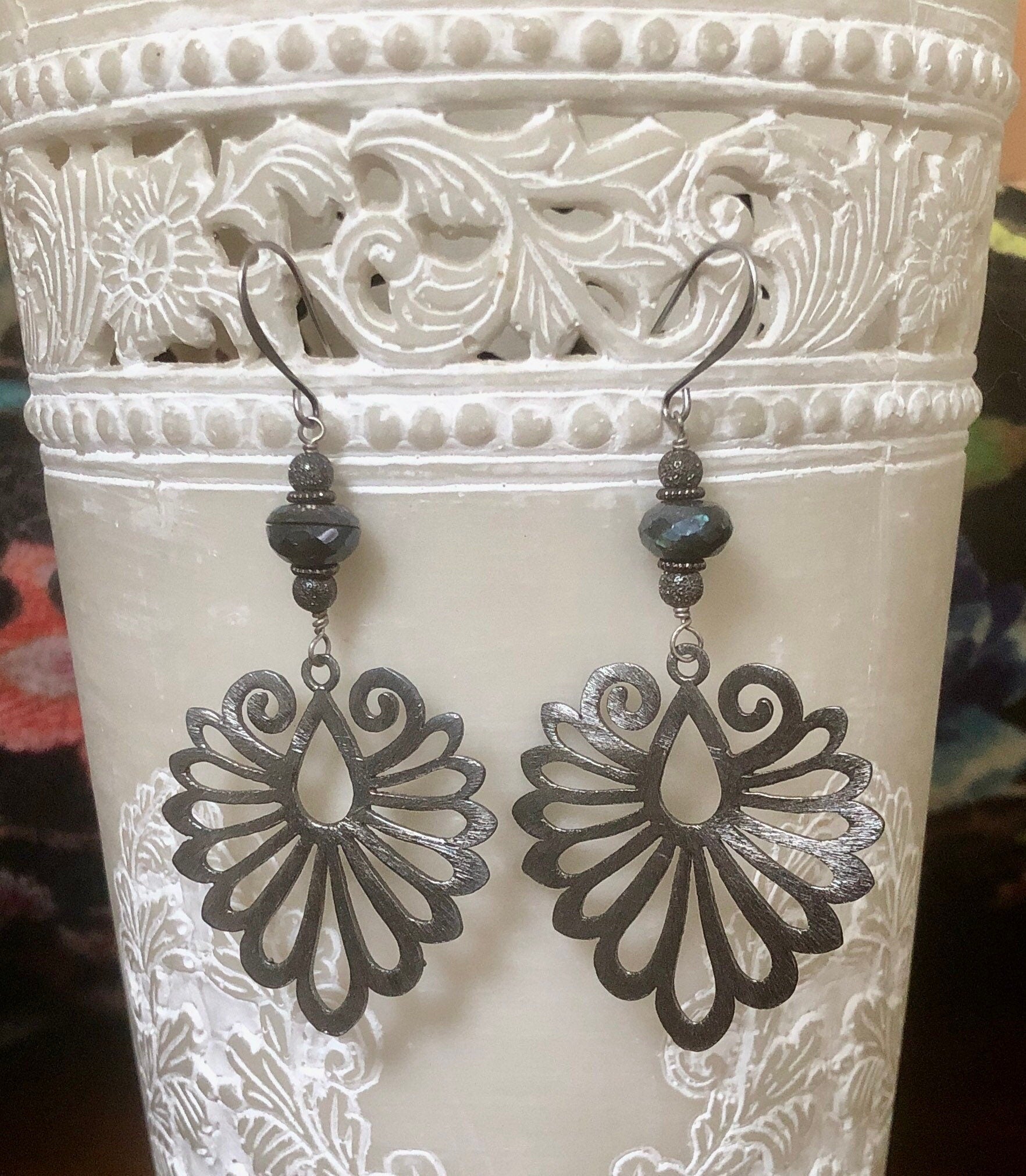 MossberryandStone Gunmetal Labradorite Phoenix Wing Dangle Earrings
