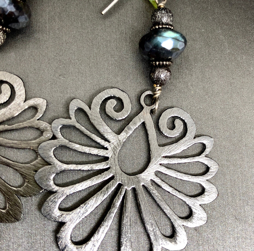 MossberryandStone Gunmetal Labradorite Phoenix Wing Dangle Earrings