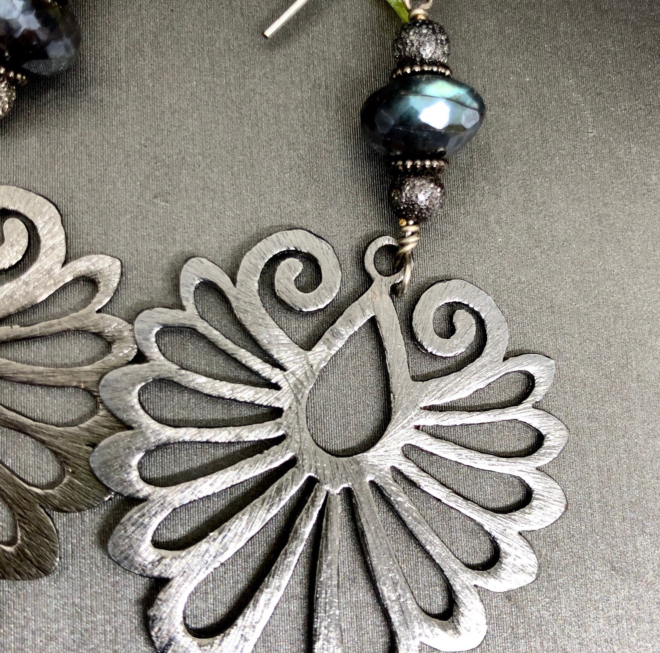 MossberryandStone Gunmetal Labradorite Phoenix Wing Dangle Earrings