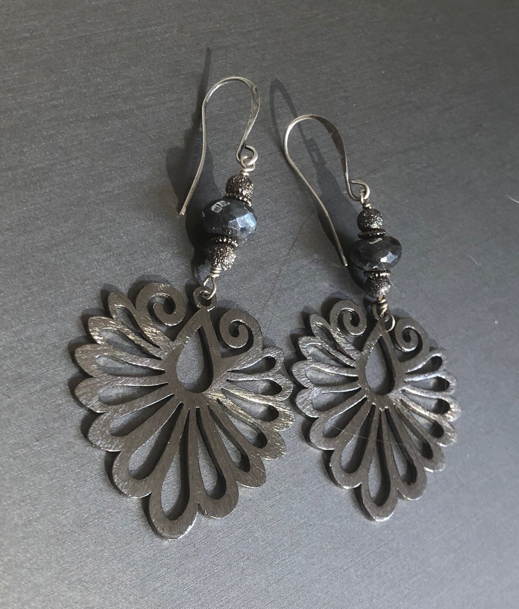 MossberryandStone Gunmetal Labradorite Phoenix Wing Dangle Earrings