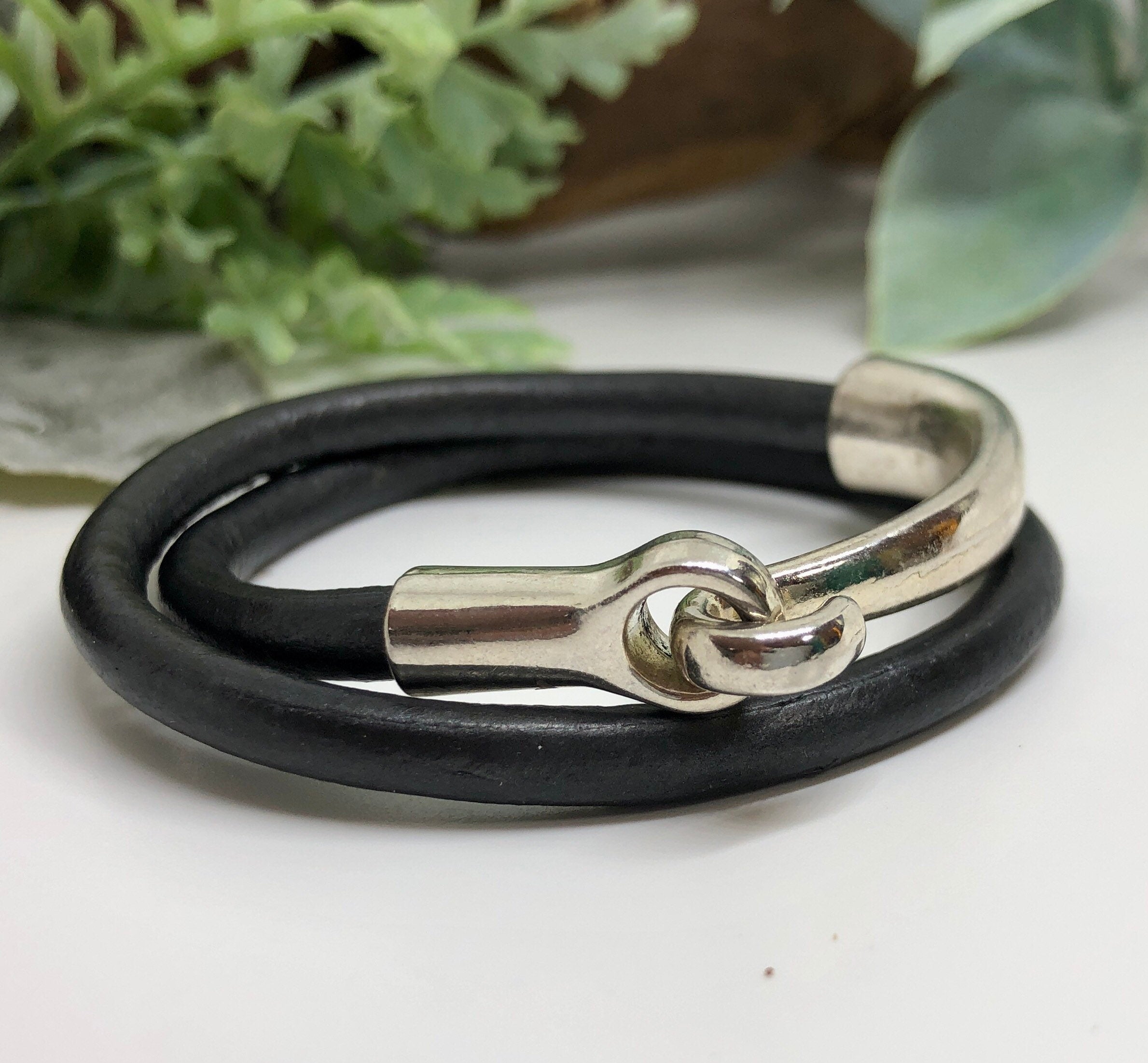 MossberryandStone Leather Double Wrap Bracelet 5mm Chunky Silver Clasp