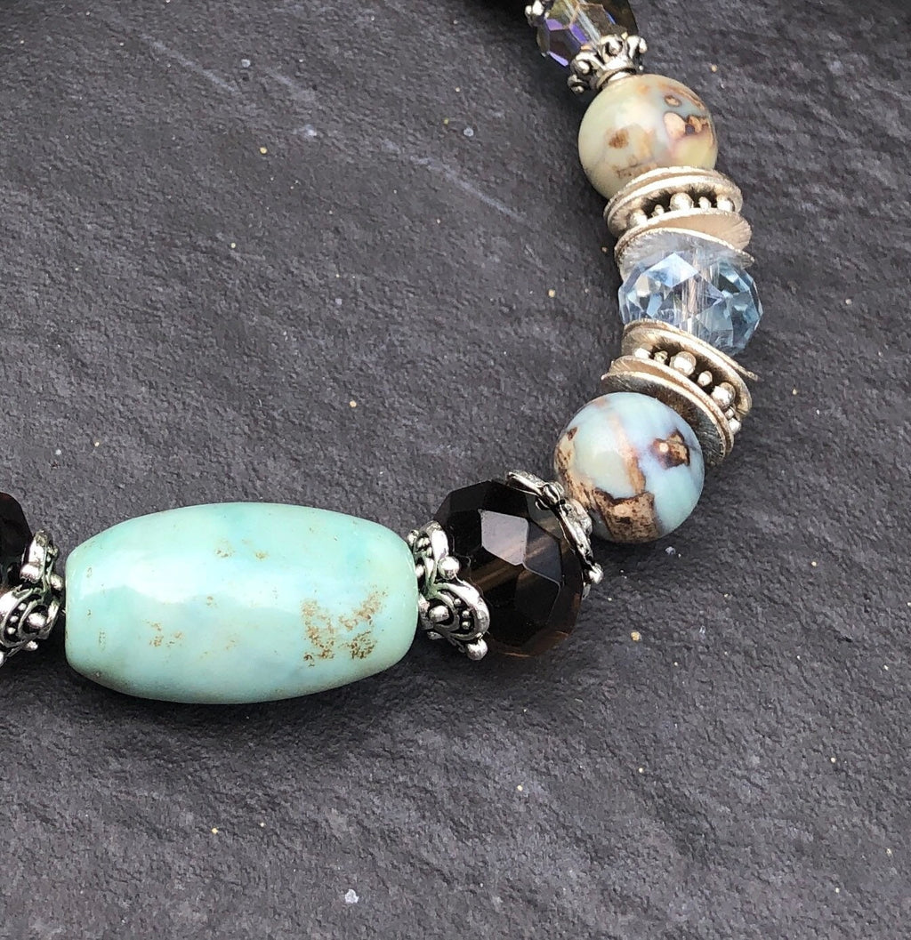 MossberryandStone Robin's Egg Agate Smoky Quartz Beaded Bracelet Magnetic Clasp