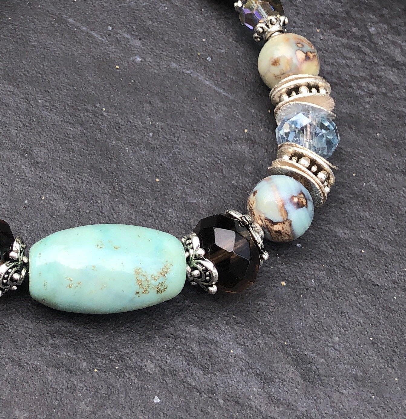 MossberryandStone Robin's Egg Agate Smoky Quartz Beaded Bracelet Magnetic Clasp