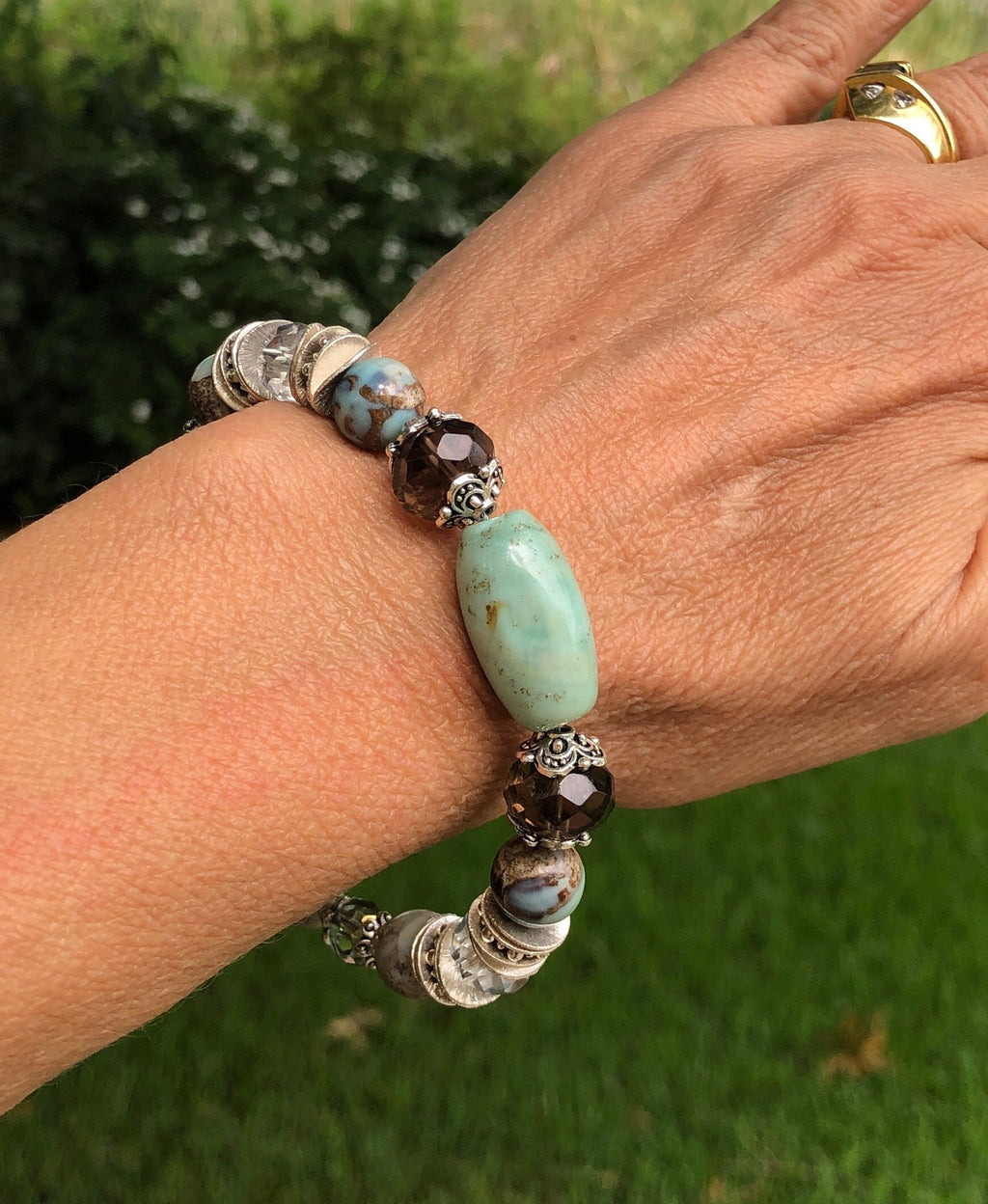 MossberryandStone Robin's Egg Agate Smoky Quartz Beaded Bracelet Magnetic Clasp