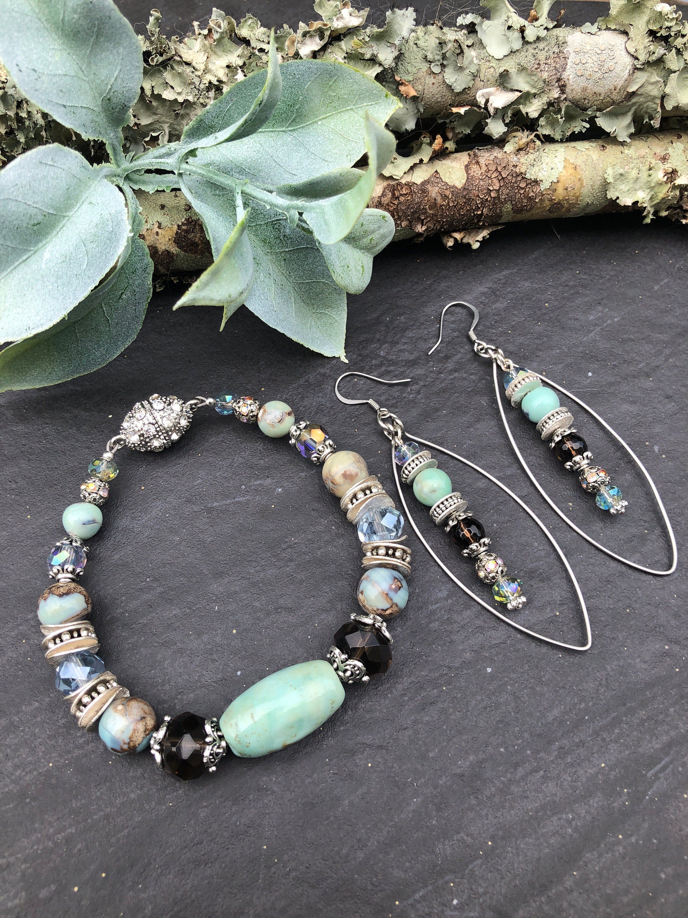 MossberryandStone Robin's Egg Agate Smoky Quartz Beaded Bracelet Magnetic Clasp