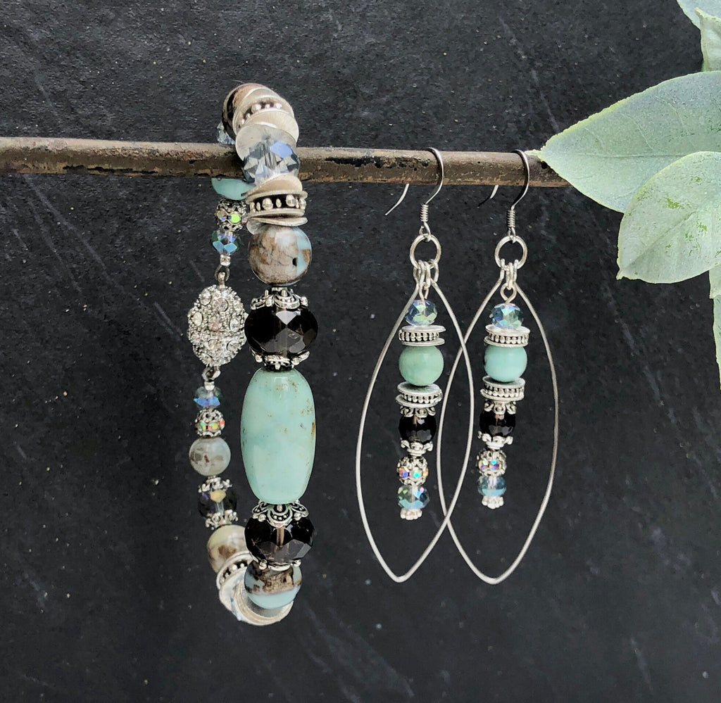 MossberryandStone Robin's Egg Agate Smoky Quartz Long Dangle Earrings