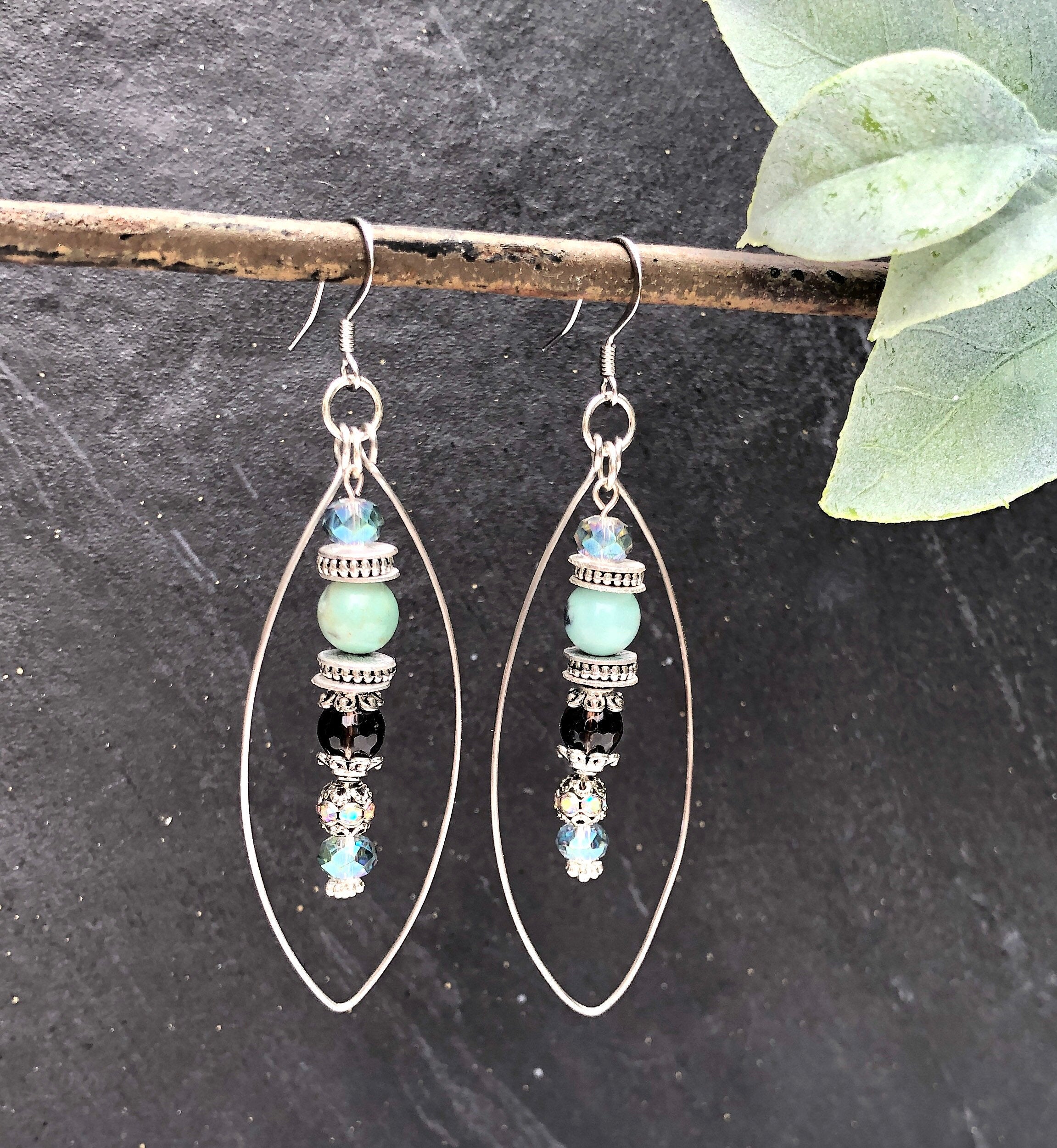 MossberryandStone Robin's Egg Agate Smoky Quartz Long Dangle Earrings