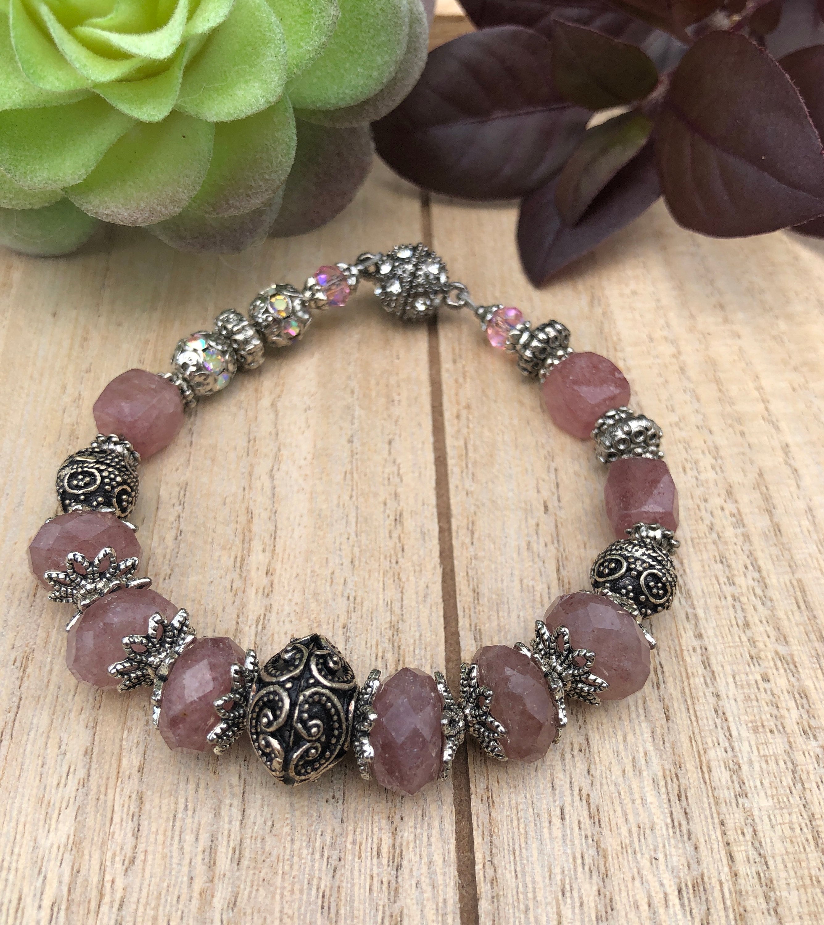 MossberryandStone Strawberry Quartz Antique Silver Beaded Bracelet Magnetic Clasp