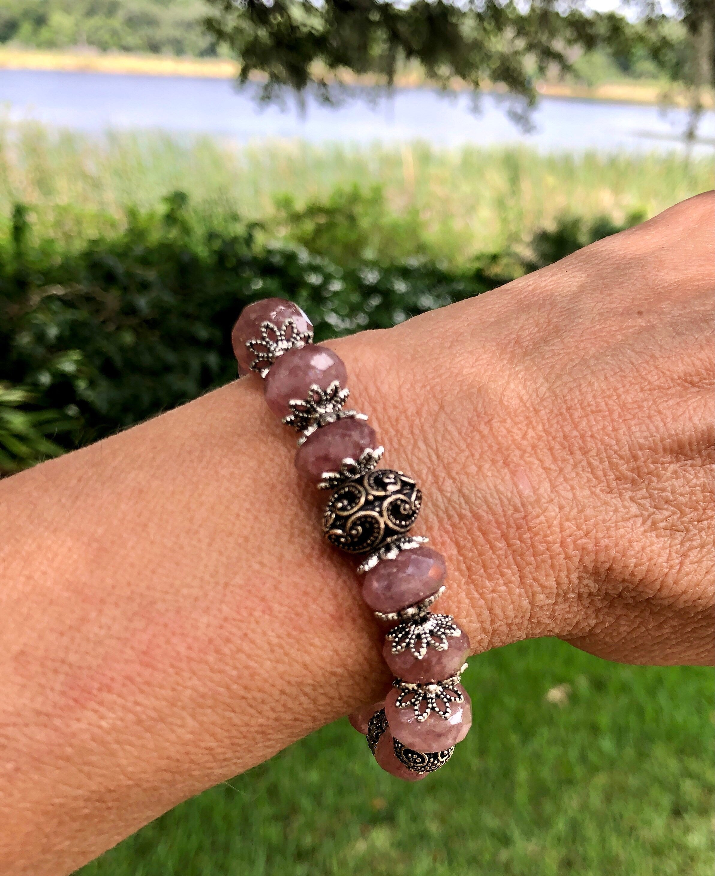 MossberryandStone Strawberry Quartz Antique Silver Beaded Bracelet Magnetic Clasp