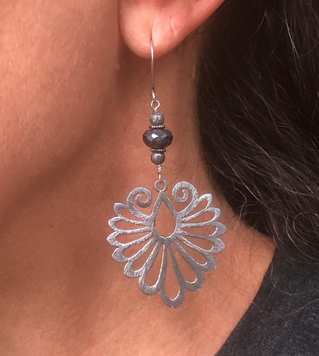 MossberryandStone Gunmetal Labradorite Phoenix Wing Dangle Earrings