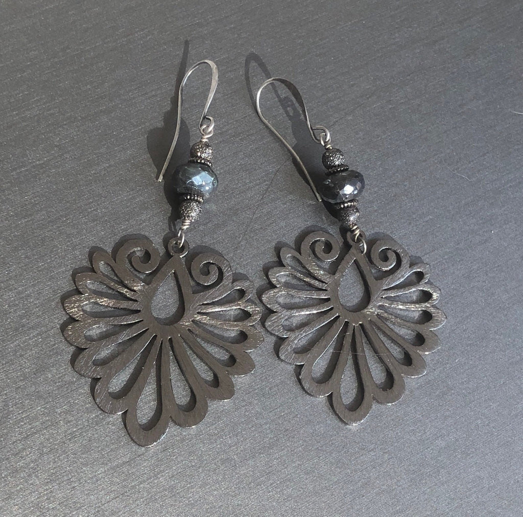 MossberryandStone Gunmetal Labradorite Phoenix Wing Dangle Earrings
