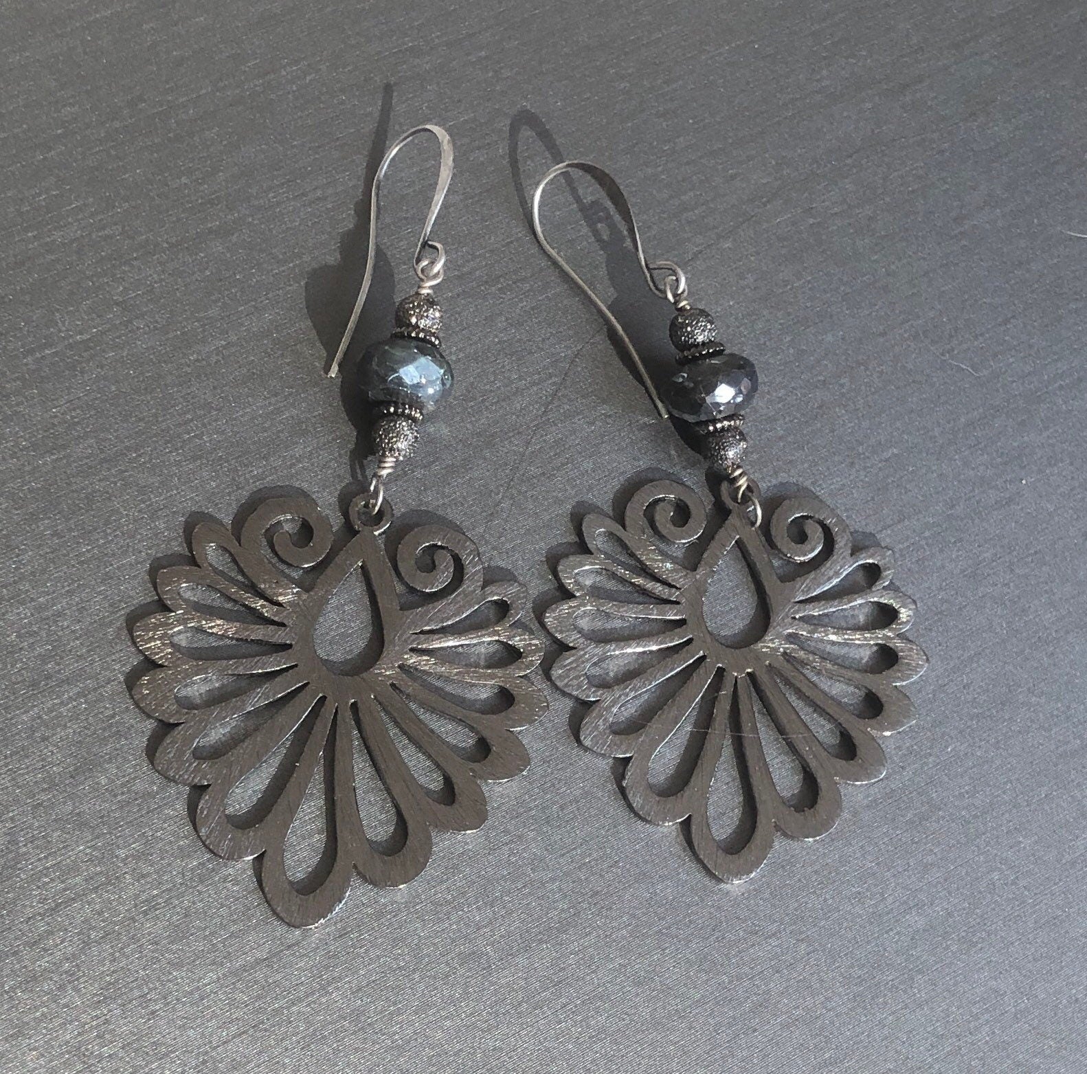 MossberryandStone Gunmetal Labradorite Phoenix Wing Dangle Earrings