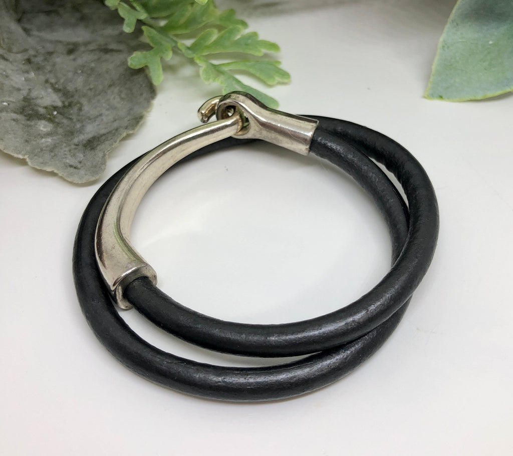 MossberryandStone Leather Double Wrap Bracelet With Chunky Silver Clasp 5mm