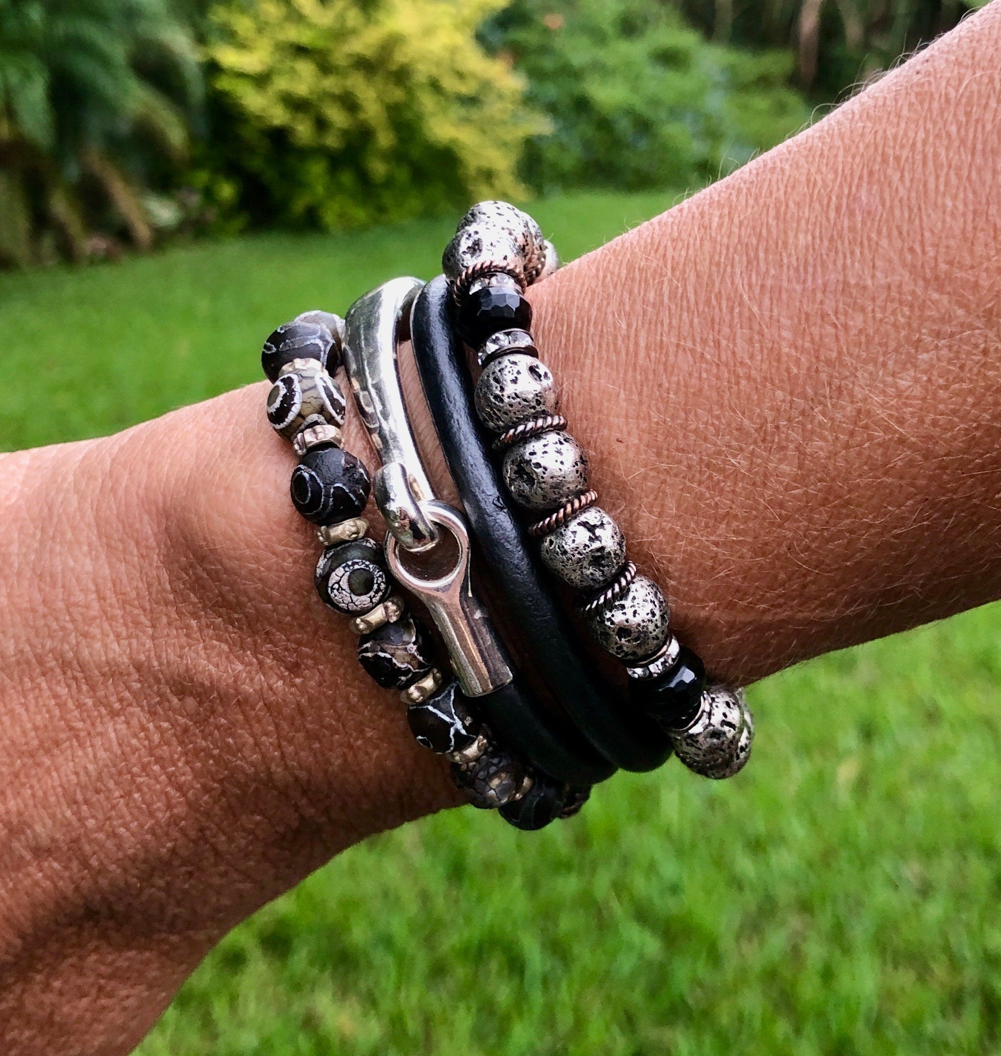 MossberryandStone Leather Double Wrap Bracelet 5mm Chunky Silver Clasp