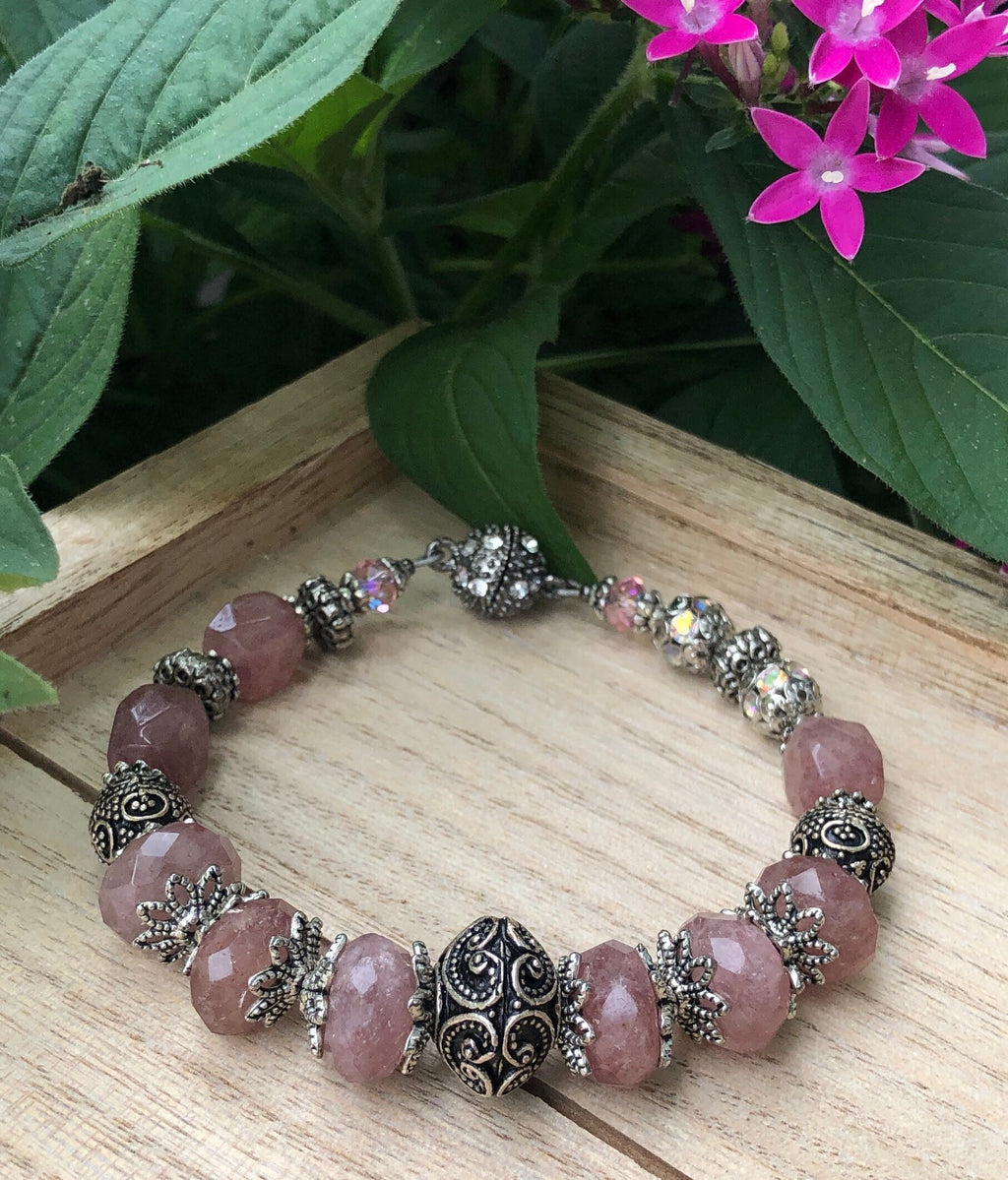 MossberryandStone Strawberry Quartz Antique Silver Beaded Bracelet Magnetic Clasp