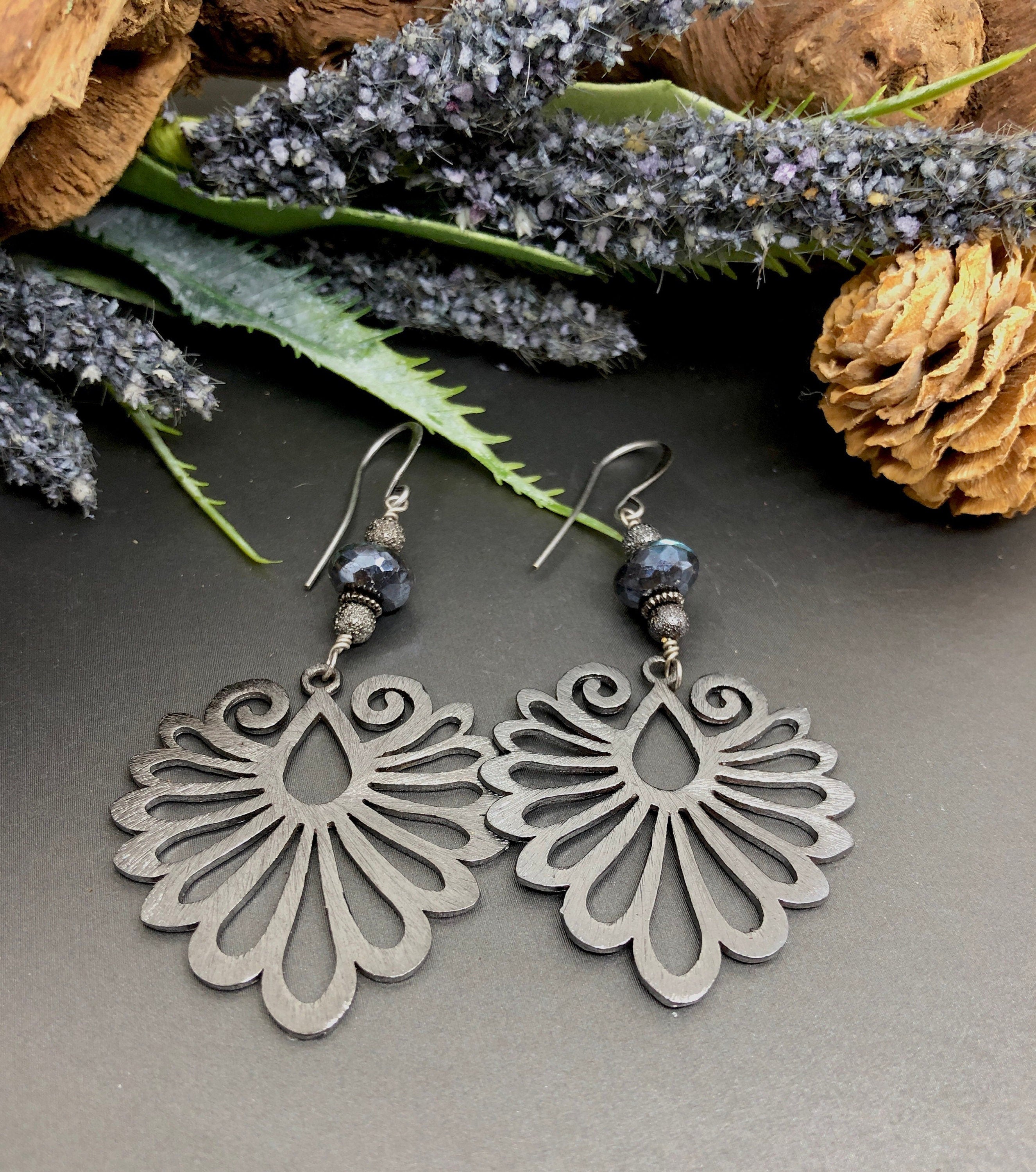 MossberryandStone Gunmetal Labradorite Phoenix Wing Dangle Earrings