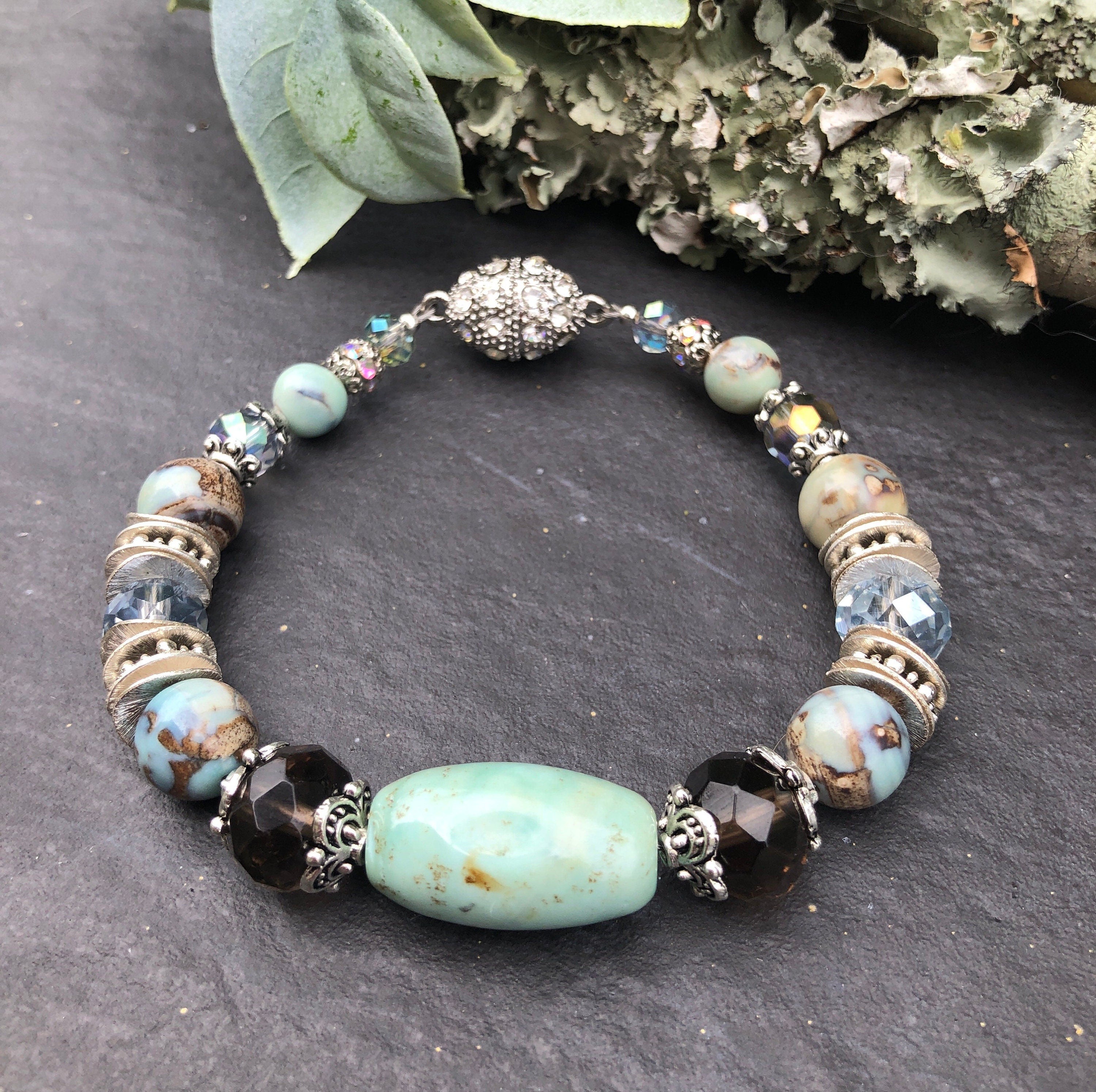 MossberryandStone Robin's Egg Agate Smoky Quartz Beaded Bracelet Magnetic Clasp