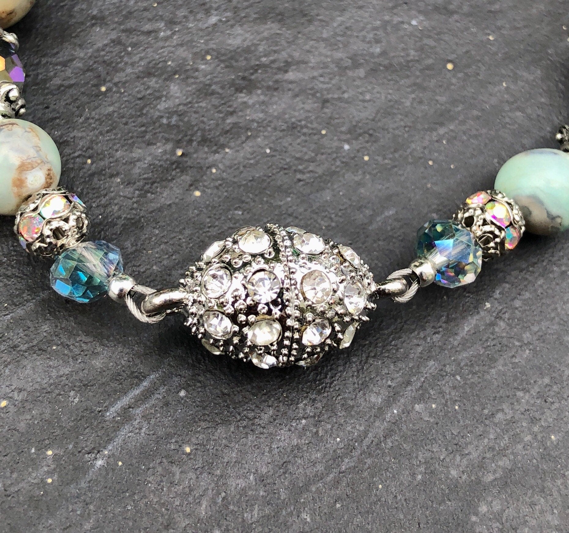 MossberryandStone Robin's Egg Agate Smoky Quartz Beaded Bracelet Magnetic Clasp