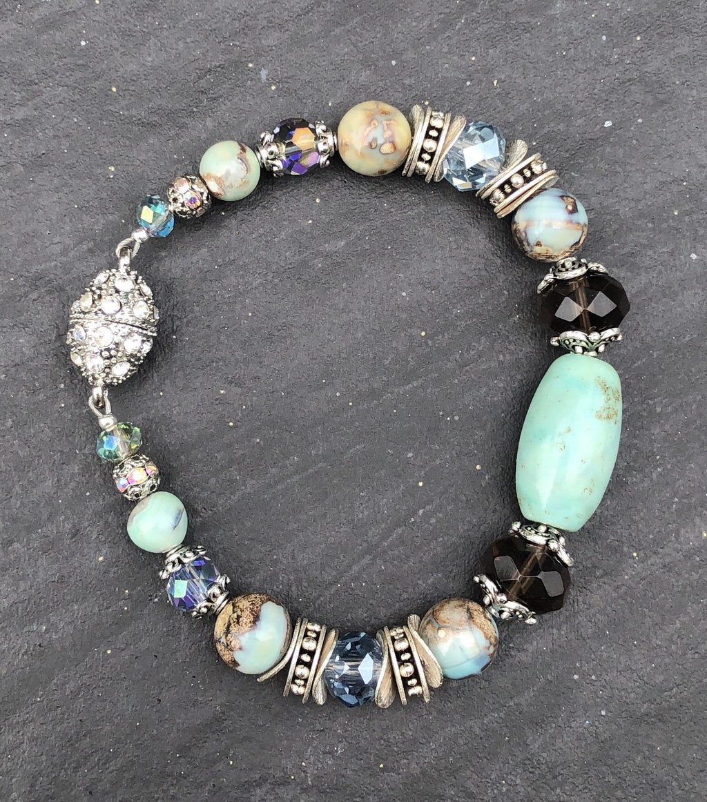 MossberryandStone Robin's Egg Agate Smoky Quartz Beaded Bracelet Magnetic Clasp
