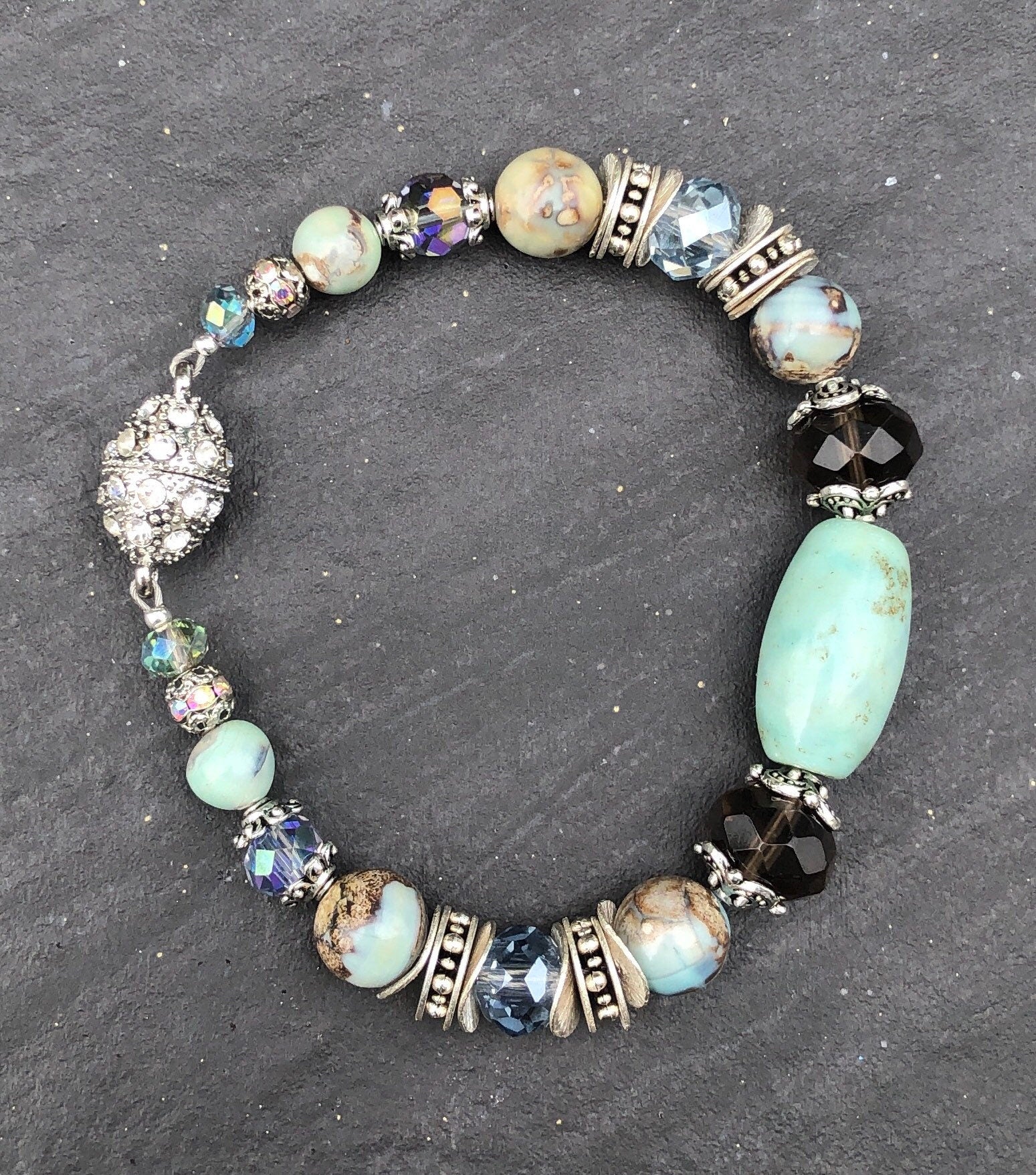 MossberryandStone Robin's Egg Agate Smoky Quartz Beaded Bracelet Magnetic Clasp