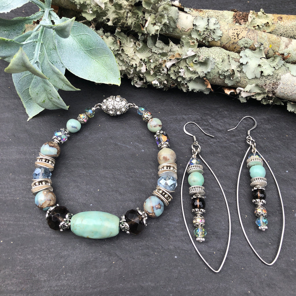 MossberryandStone Robin's Egg Agate Smoky Quartz Beaded Bracelet Magnetic Clasp