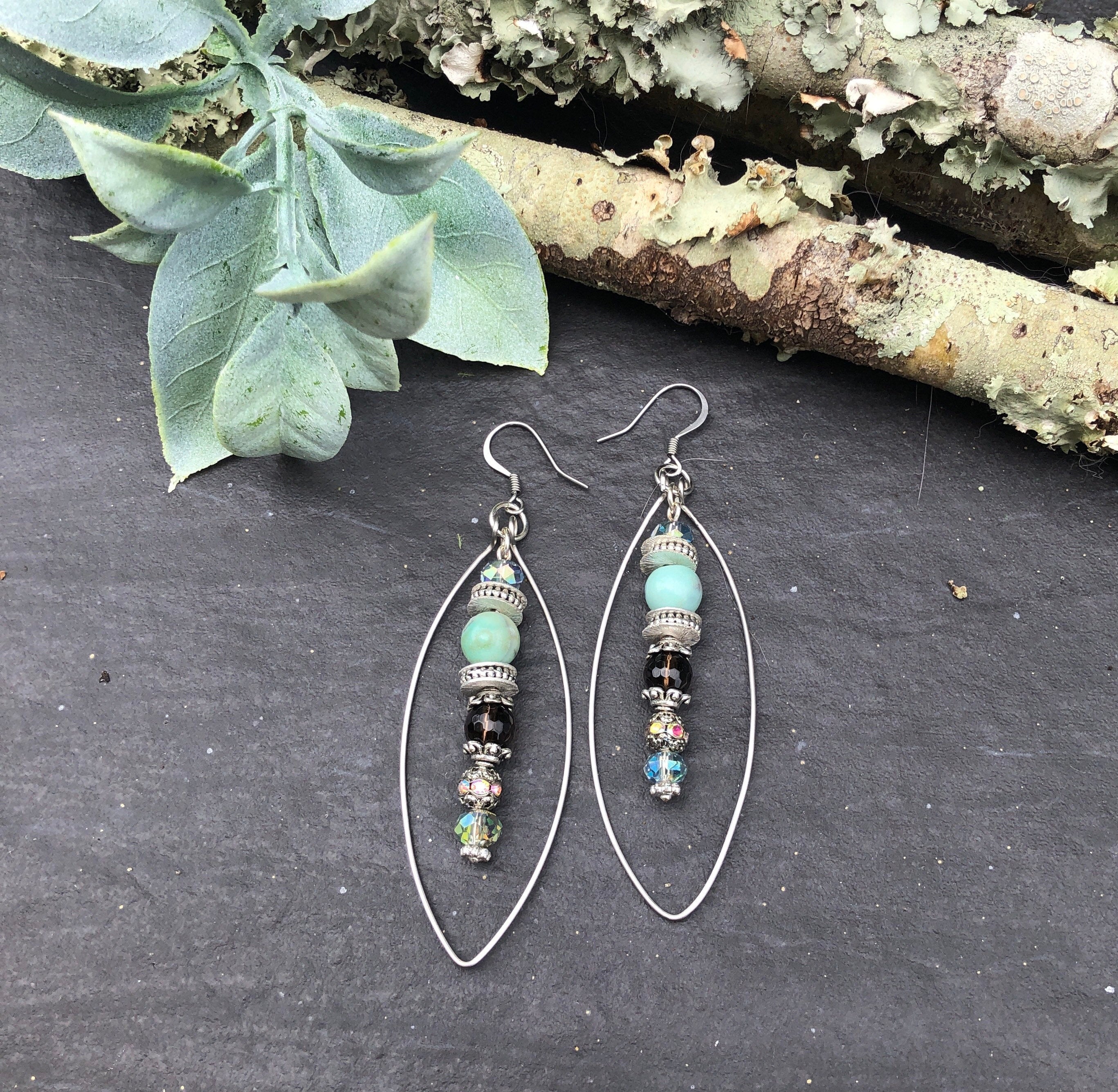 MossberryandStone Robin's Egg Agate Smoky Quartz Long Dangle Earrings