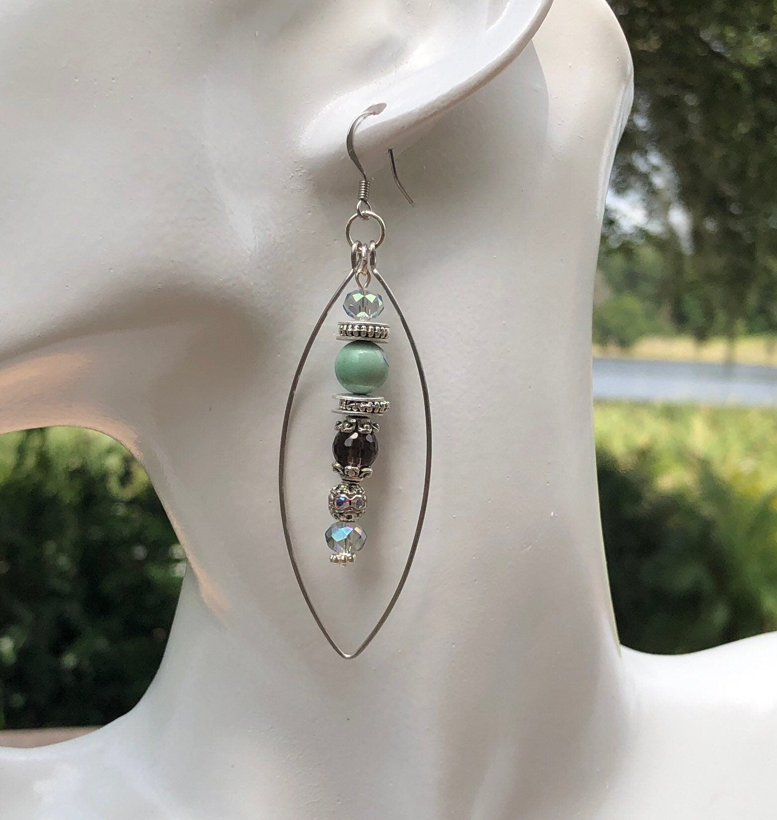 MossberryandStone Robin's Egg Agate Smoky Quartz Long Dangle Earrings