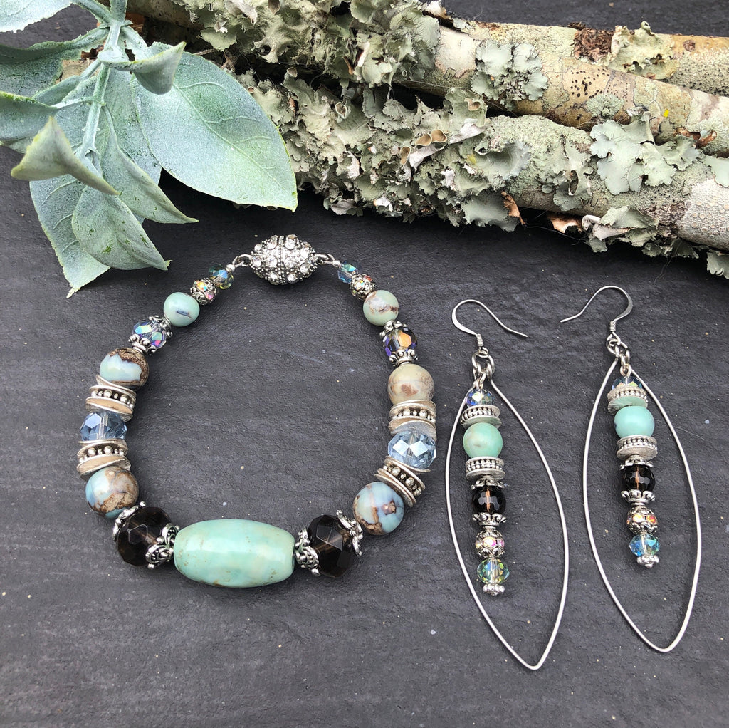 MossberryandStone Robin's Egg Agate Smoky Quartz Long Dangle Earrings
