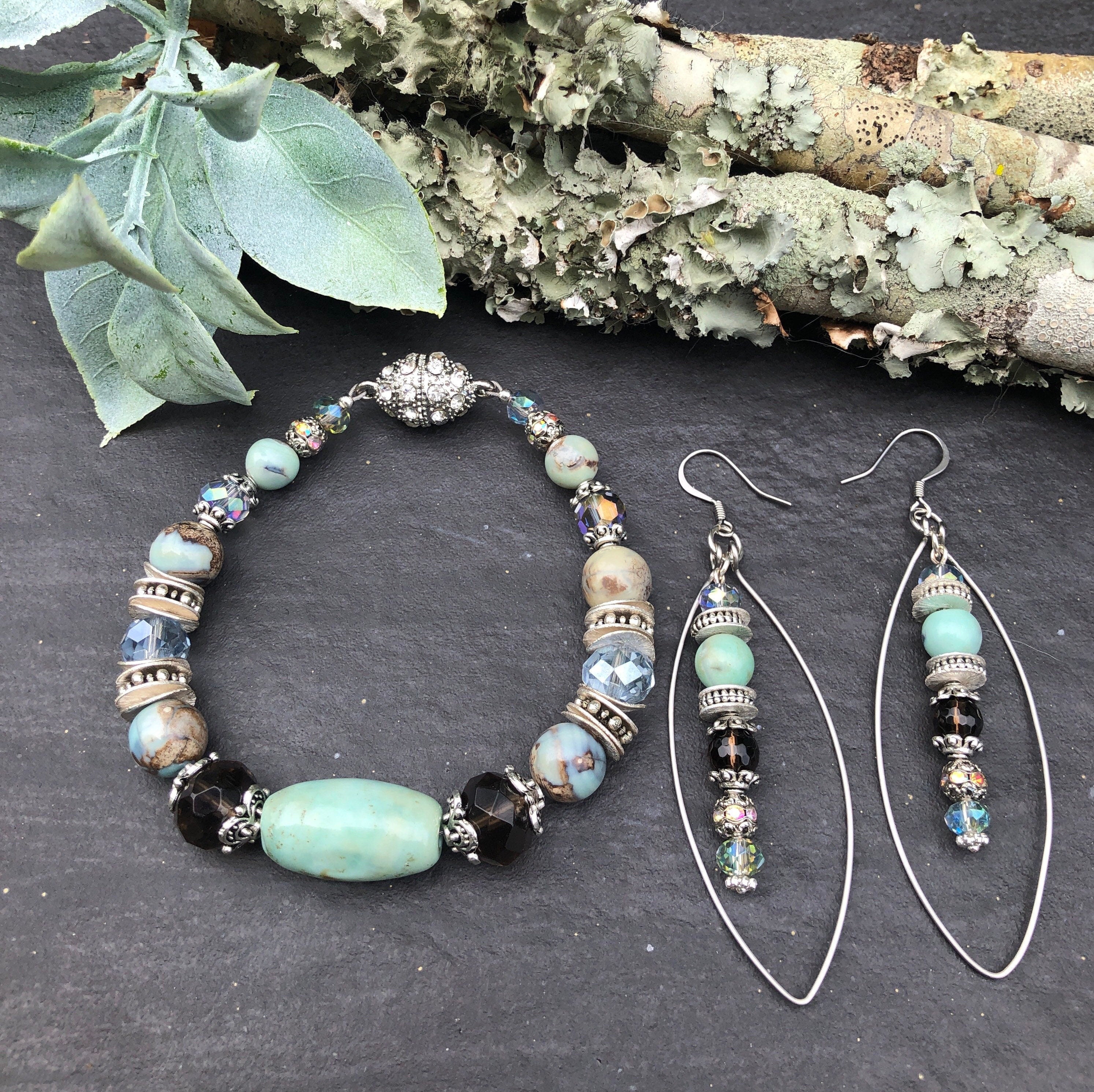 MossberryandStone Robin's Egg Agate Smoky Quartz Long Dangle Earrings