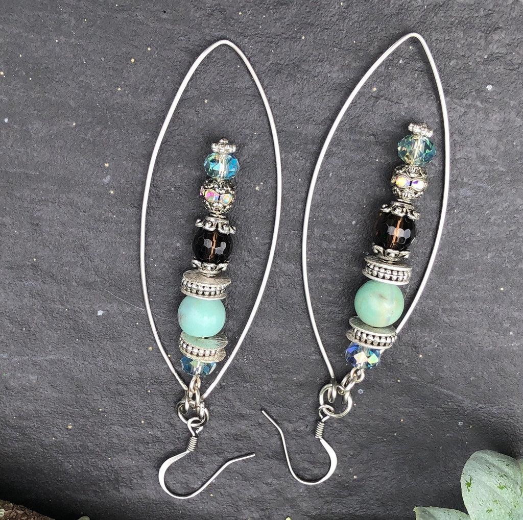 MossberryandStone Robin's Egg Agate Smoky Quartz Long Dangle Earrings