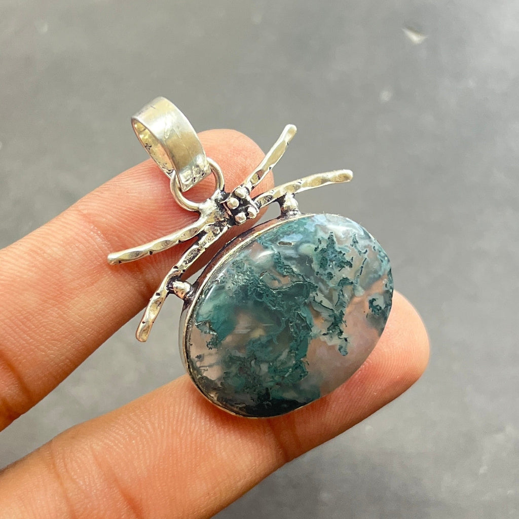 EkkJewels Handmade Moss Agate Pendant 925 Sterling Silver Gemstone Jewelry