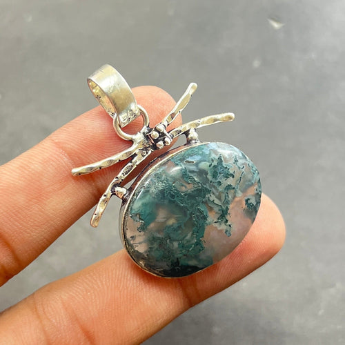 EkkJewels Handmade Moss Agate Pendant 925 Sterling Silver Gemstone Jewelry