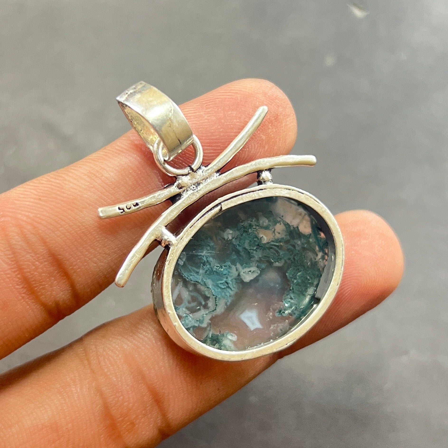 EkkJewels Handmade Moss Agate Pendant 925 Sterling Silver Gemstone Jewelry