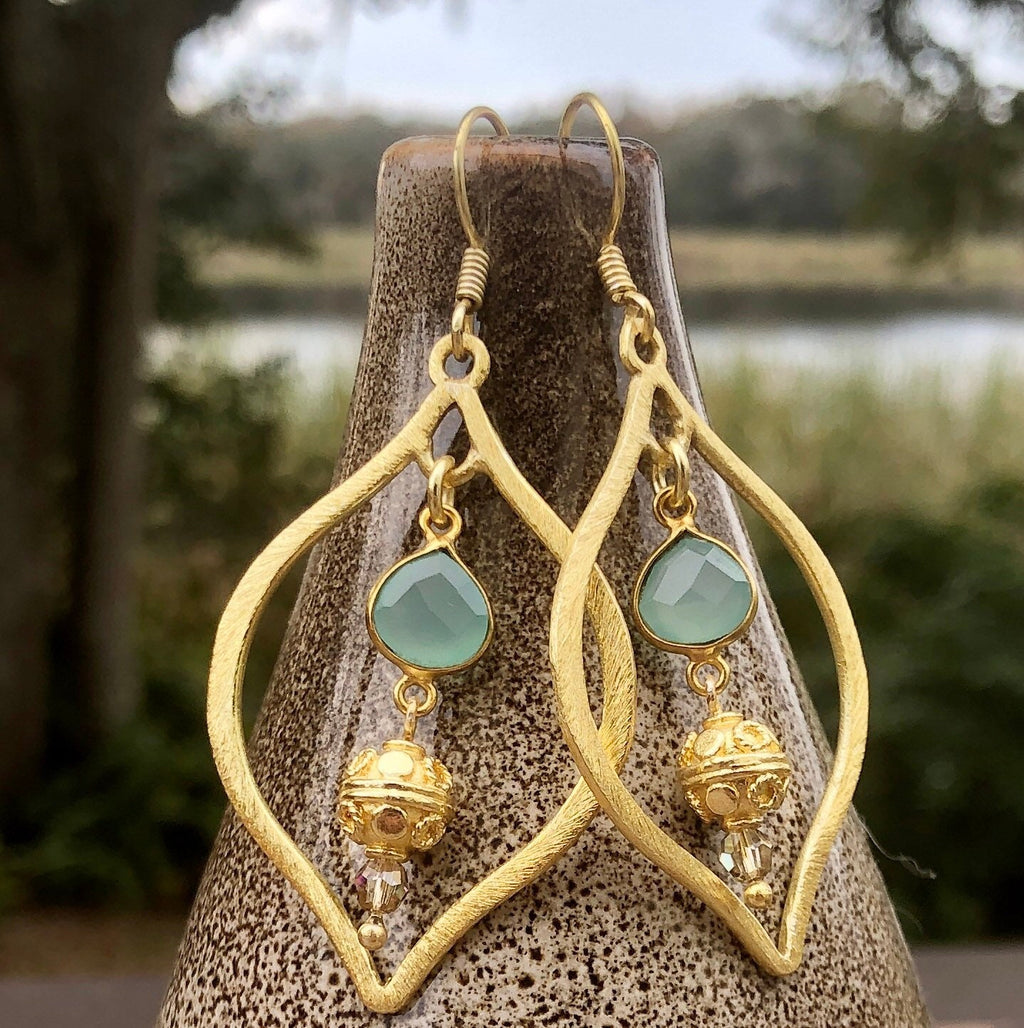 MossberryandStone Gold Chalcedony Marquise Dangle Earrings 2.5in