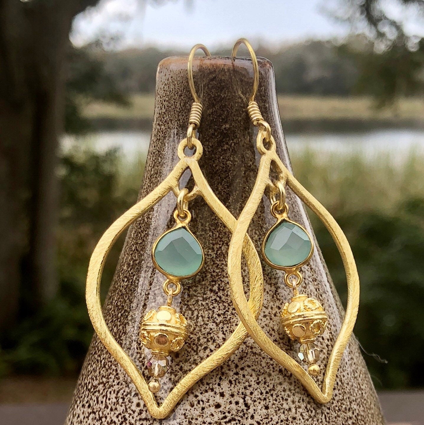 MossberryandStone Gold Chalcedony Marquise Dangle Earrings 2.5in