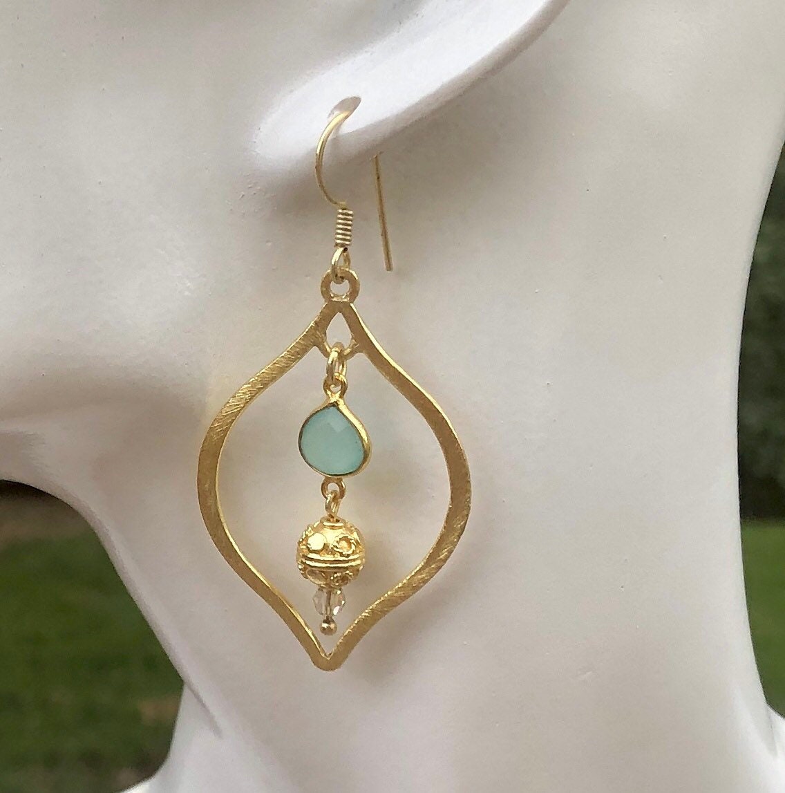 MossberryandStone Gold Chalcedony Marquise Dangle Earrings 2.5in
