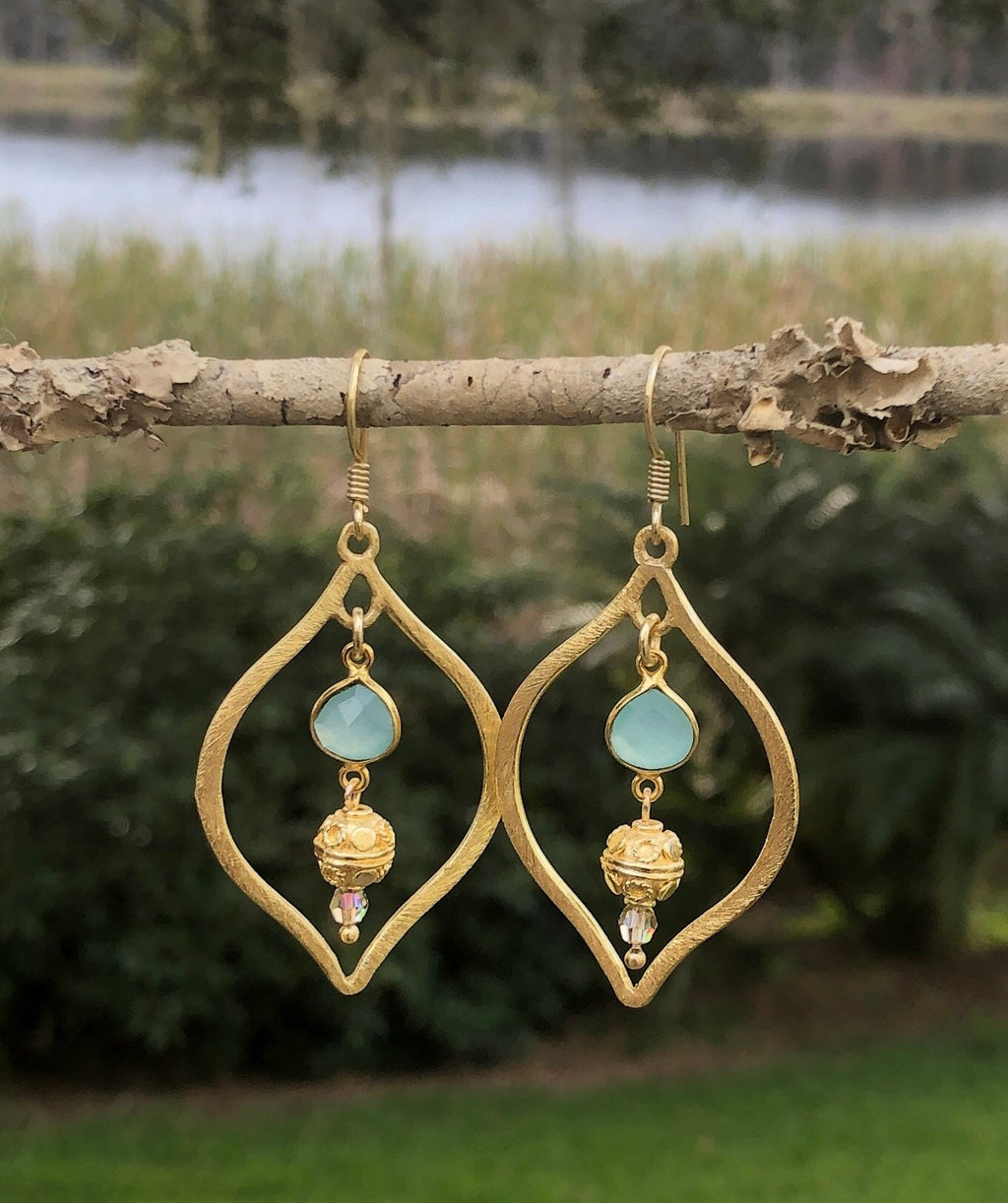MossberryandStone Gold Chalcedony Marquise Dangle Earrings 2.5in