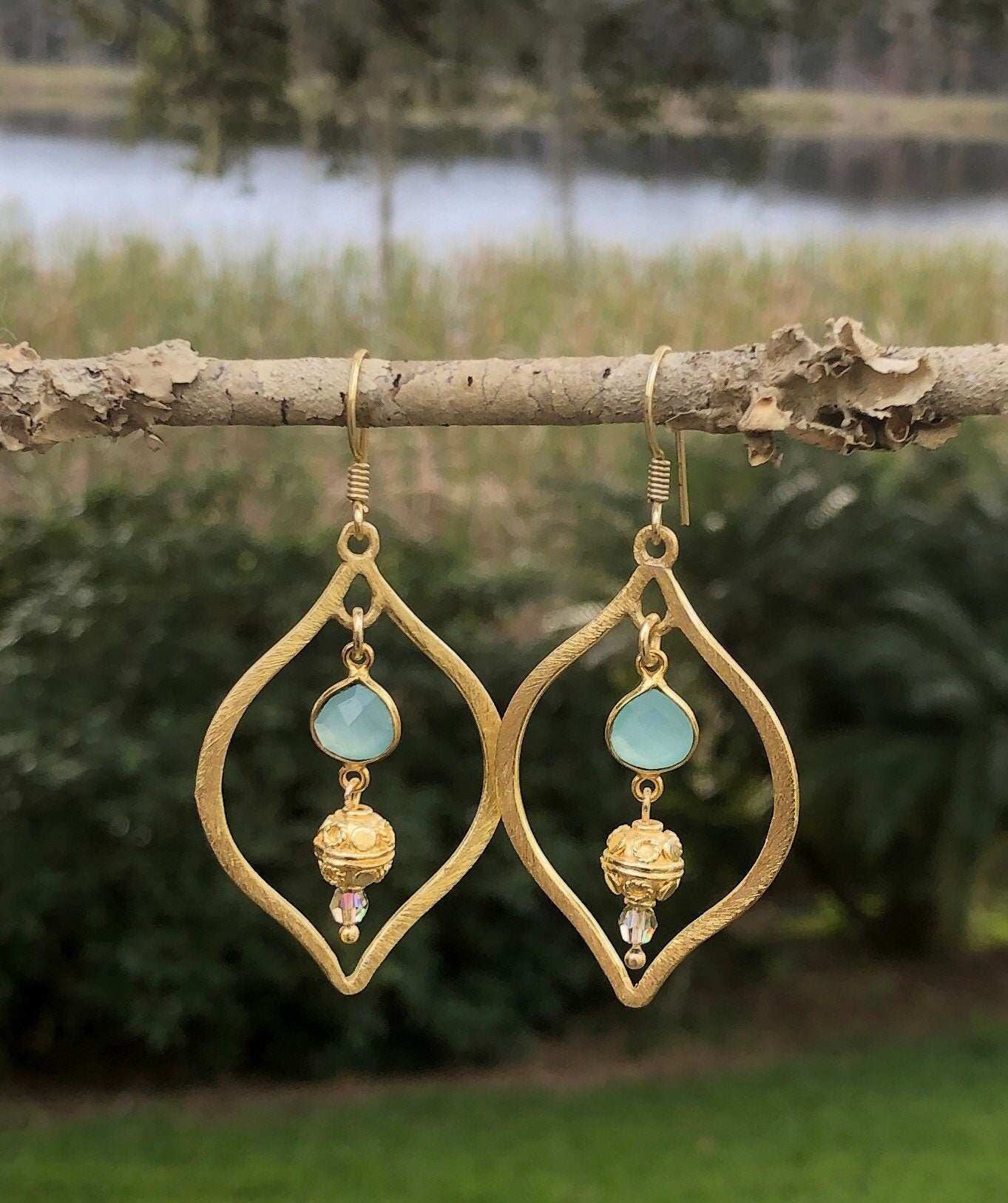 MossberryandStone Gold Chalcedony Marquise Dangle Earrings 2.5in