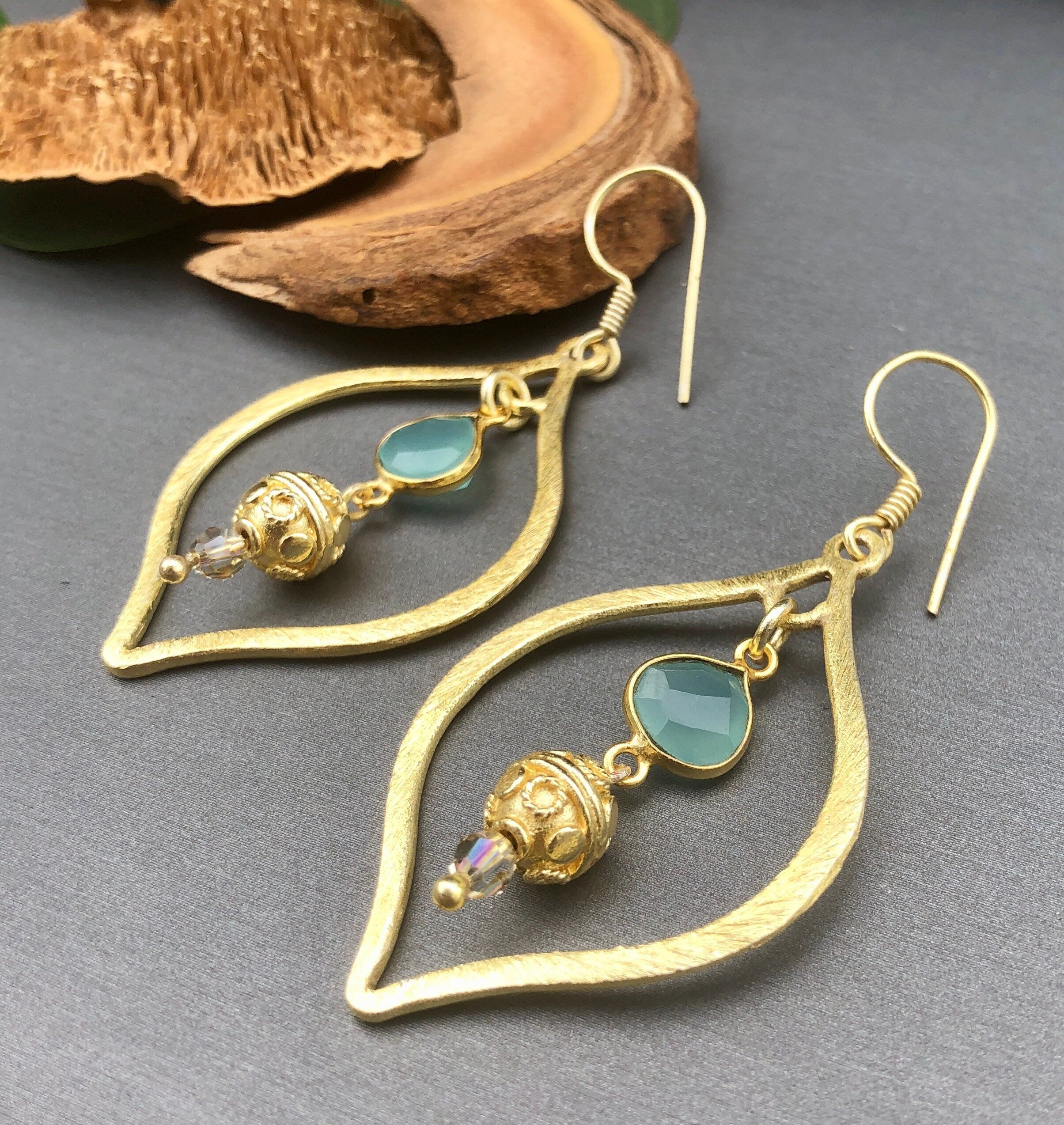 MossberryandStone Gold Chalcedony Marquise Dangle Earrings 2.5in