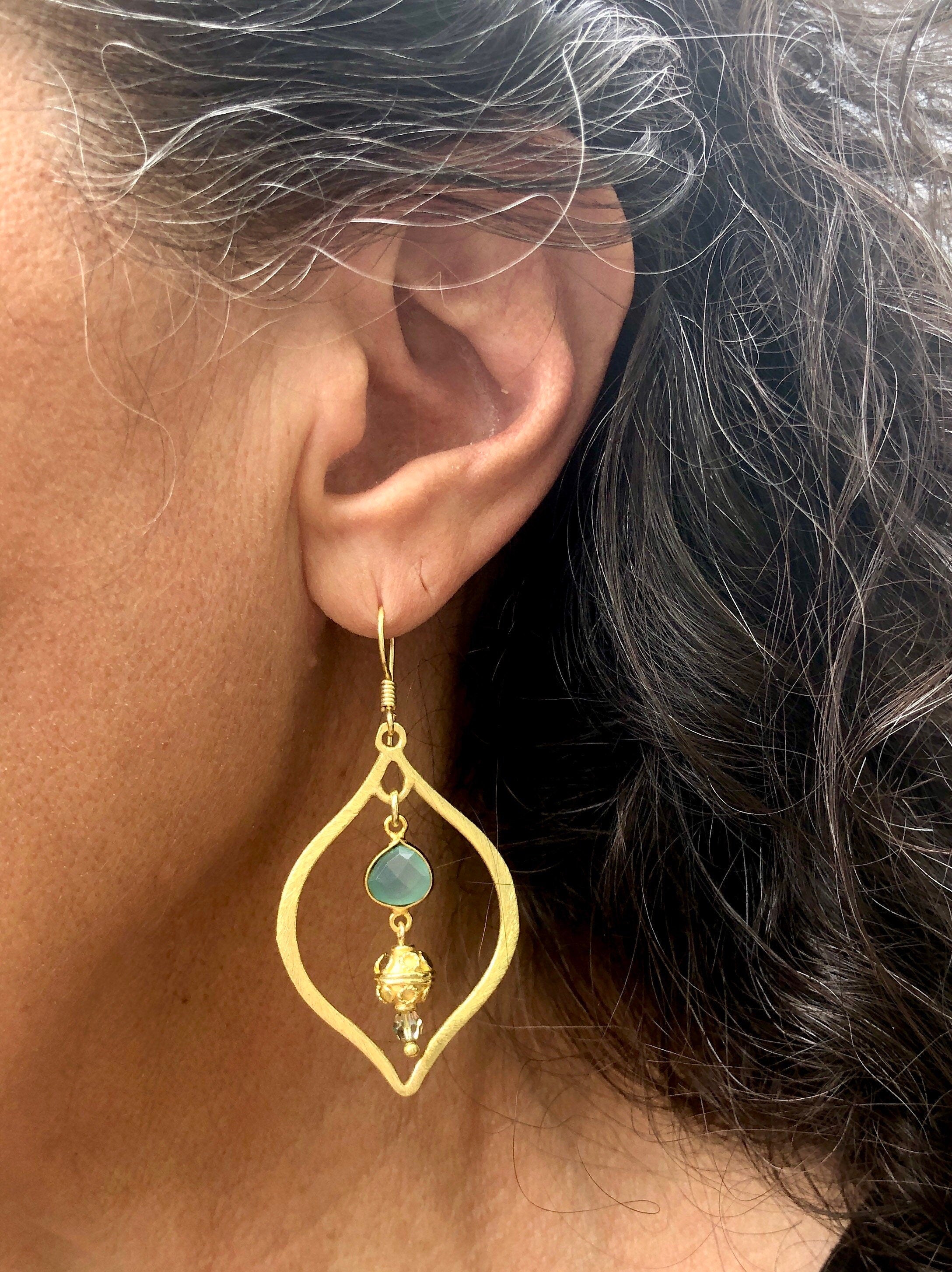 MossberryandStone Gold Chalcedony Marquise Dangle Earrings 2.5in