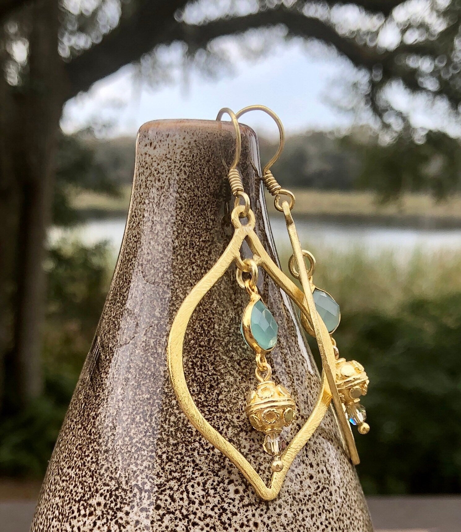 MossberryandStone Gold Chalcedony Marquise Dangle Earrings 2.5in